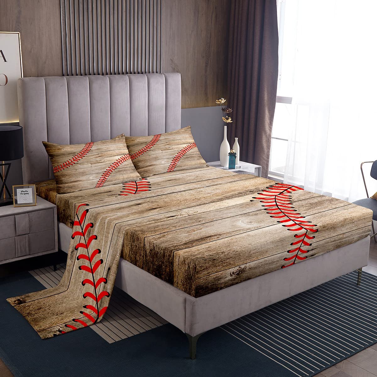 Erosebridal Baseball Bedding Set for Kids Boys Teens Room Decor Full,Sports Theme Bed Sheets Retro Rustic Wooden Board Sheet Set American Country Baseball Fitted Sheet + Flat Sheet + 2 Pillow Cases