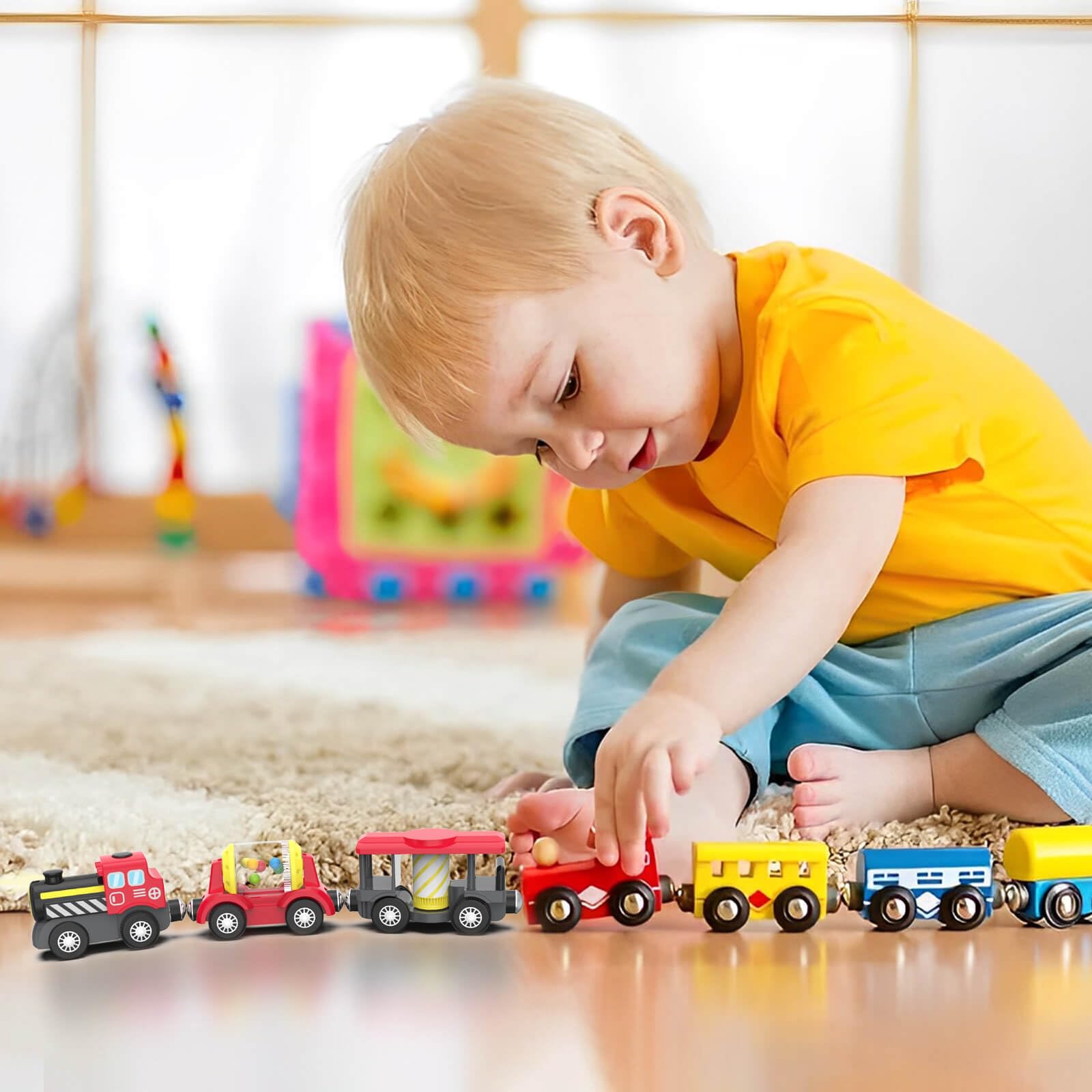 DxxD Tren Eléctrico de Juguete para Niños, Juguete Tren de Locomotora de acción con Pilas, Conexión Magnética, Compatible con Thomas Brio, Regalo Coche de Juguetes para Niños 3+ Años