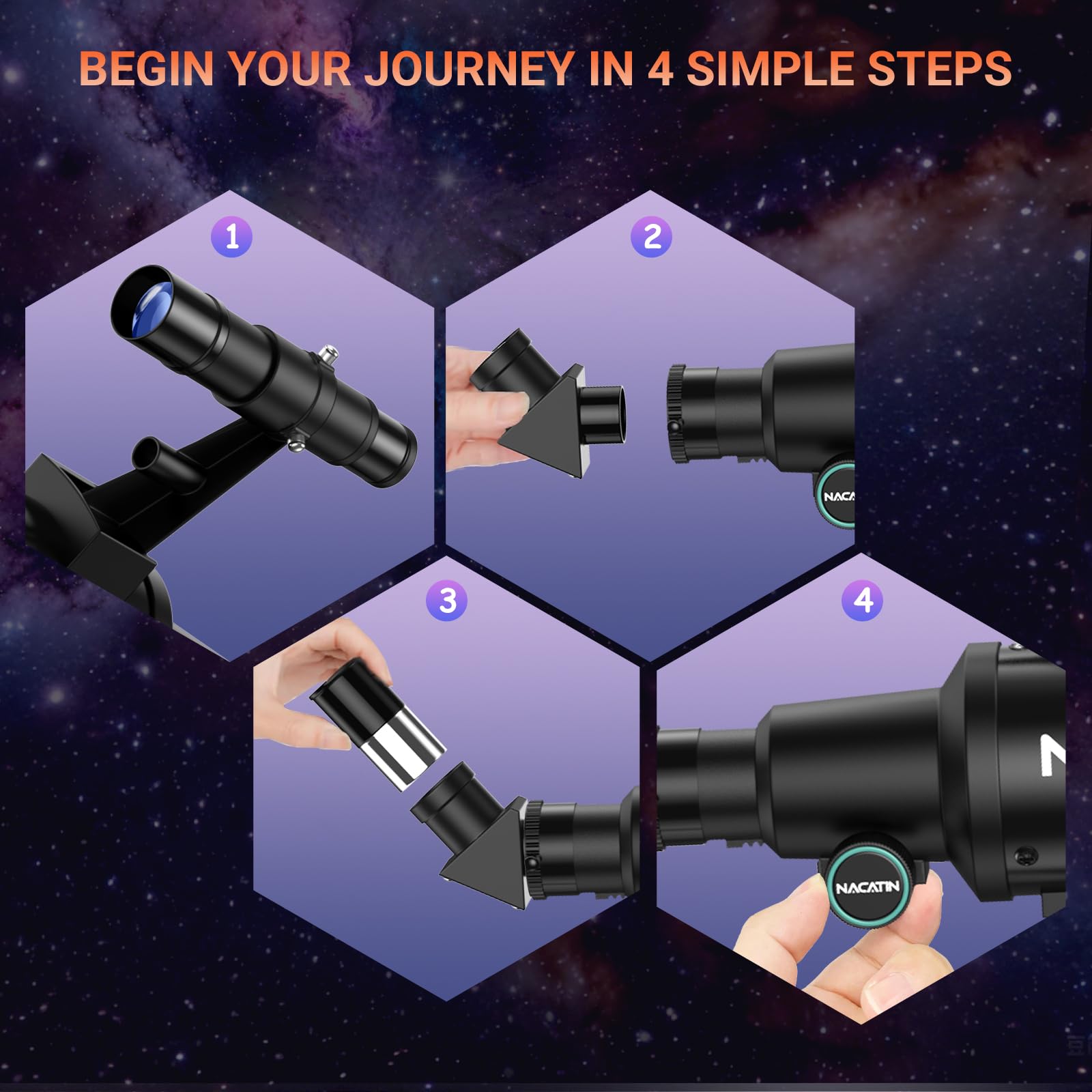 NACATIN - Telescopio para niños y principiantes, apertura de 70 mm, refractor astronómico, telescopio con trípode, adaptador de teléfono móvil, mando a distancia (negro)