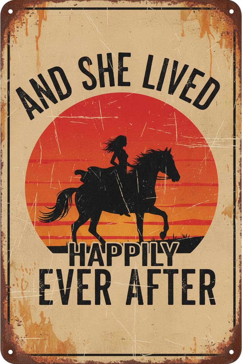 Metal Tin Sign Horse Riding and She Lived Happily Ever After Tin Sign Vintage Art Wall Decor Sign for Home Bar Pub Cafe Farm Room 8"x12"