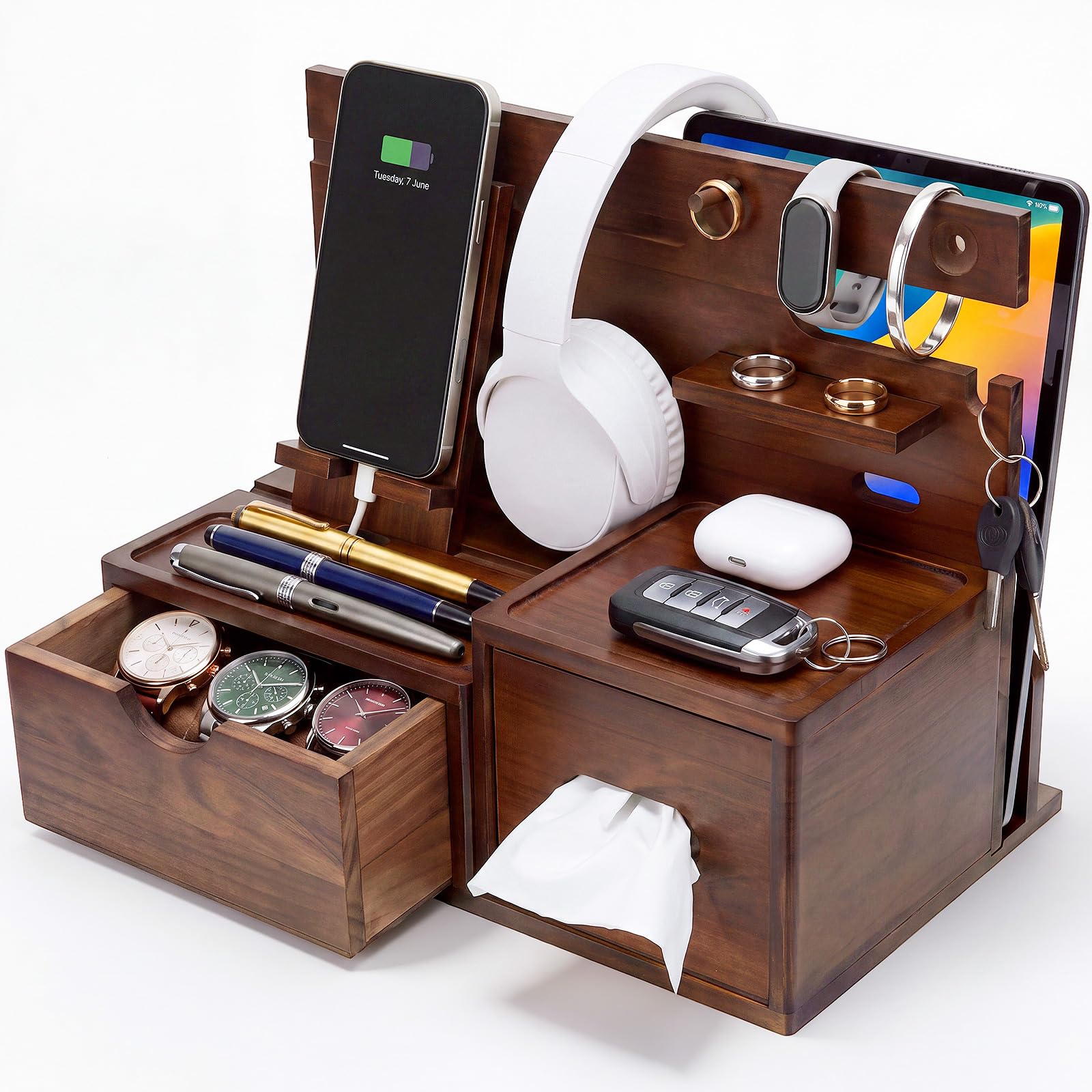 Junkin Station d'accueil de téléphone en bois de pin pour homme - Multifonction - Organisateur de bureau ou de table de nuit - Cadeau unique pour mari, père, pour téléphone, montre, clés, lunettes
