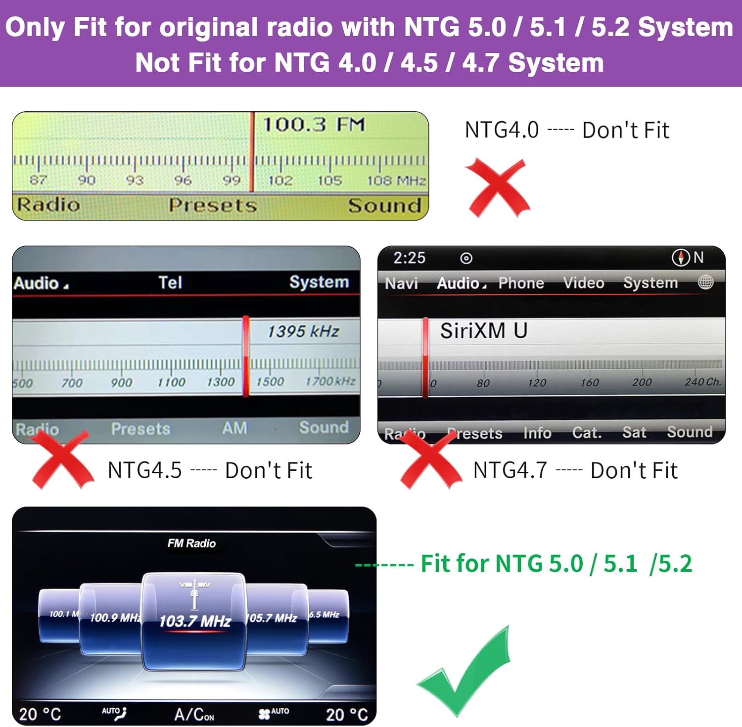 Visual guide showing examples of Mercedes Benz radio interfaces. NTG 4.0, 4.5, 4.7 are marked as 'Don't Fit' with red crosses, while NTG 5.0/5.1/5.2 is marked as 'Fit' with a green checkmark.