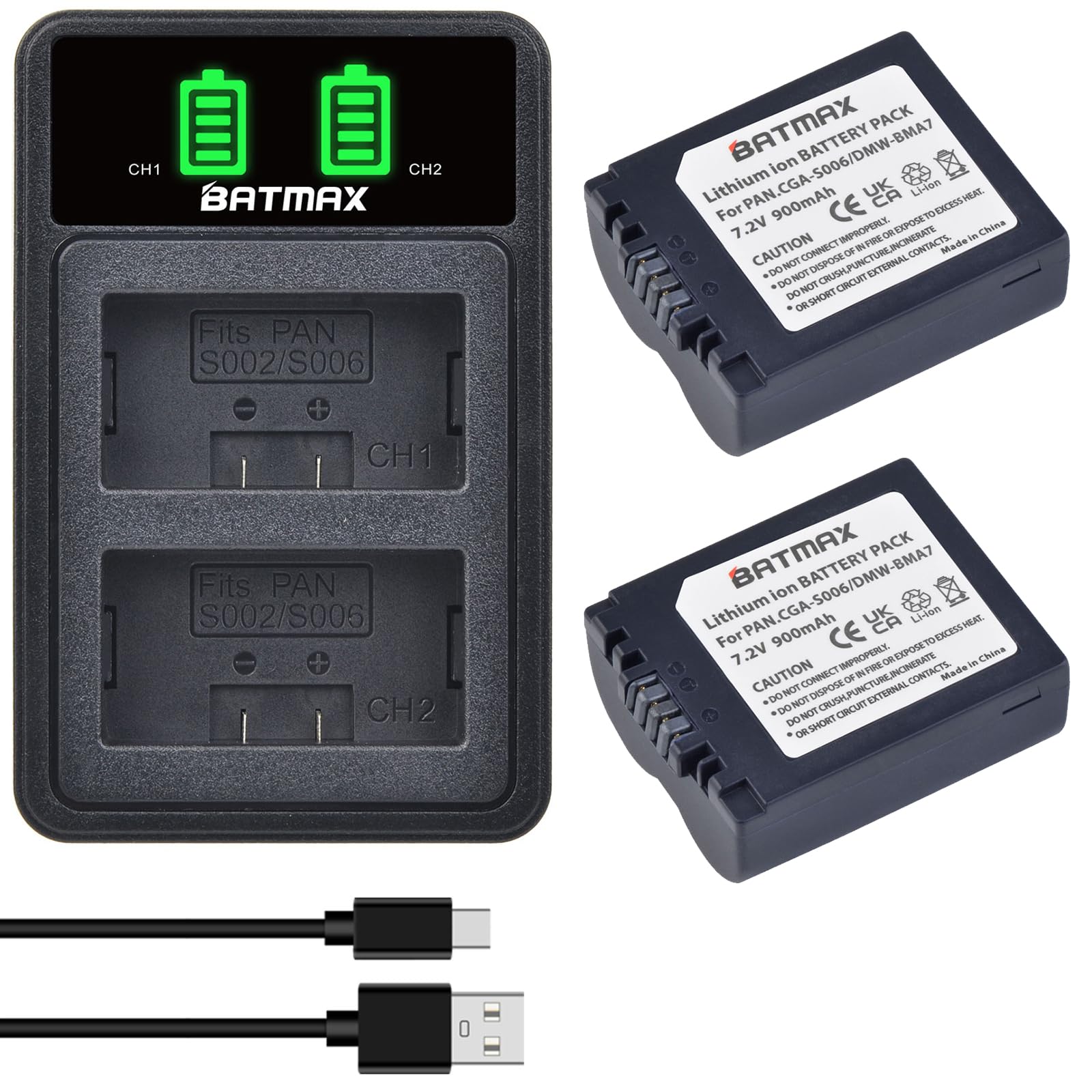 Batmax 2Packs CGA-S006 CGA-S006E Battery + Dual USB Charger for Panasonic Lumix DMC-FZ7 DMC-FZ8 DMC-FZ18 DMC-FZ28 DMC-FZ30 DMC-FZ35 DMC-FZ38 DMC-FZ50