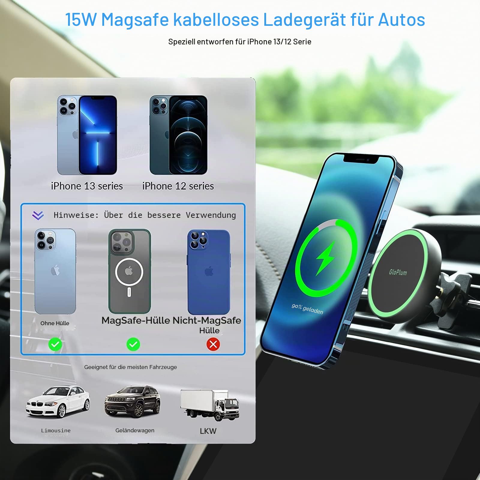 Gloplum Kompatibel 15W Ladegerät Magsafe Autohalterung, Kabelloses Magnet Auto Handyhalter,Wireless Car Charger KfZ Ladestation Handyhalterung für Phone 13/13 Pro/13 mini/13 Pro/12/12 Pro