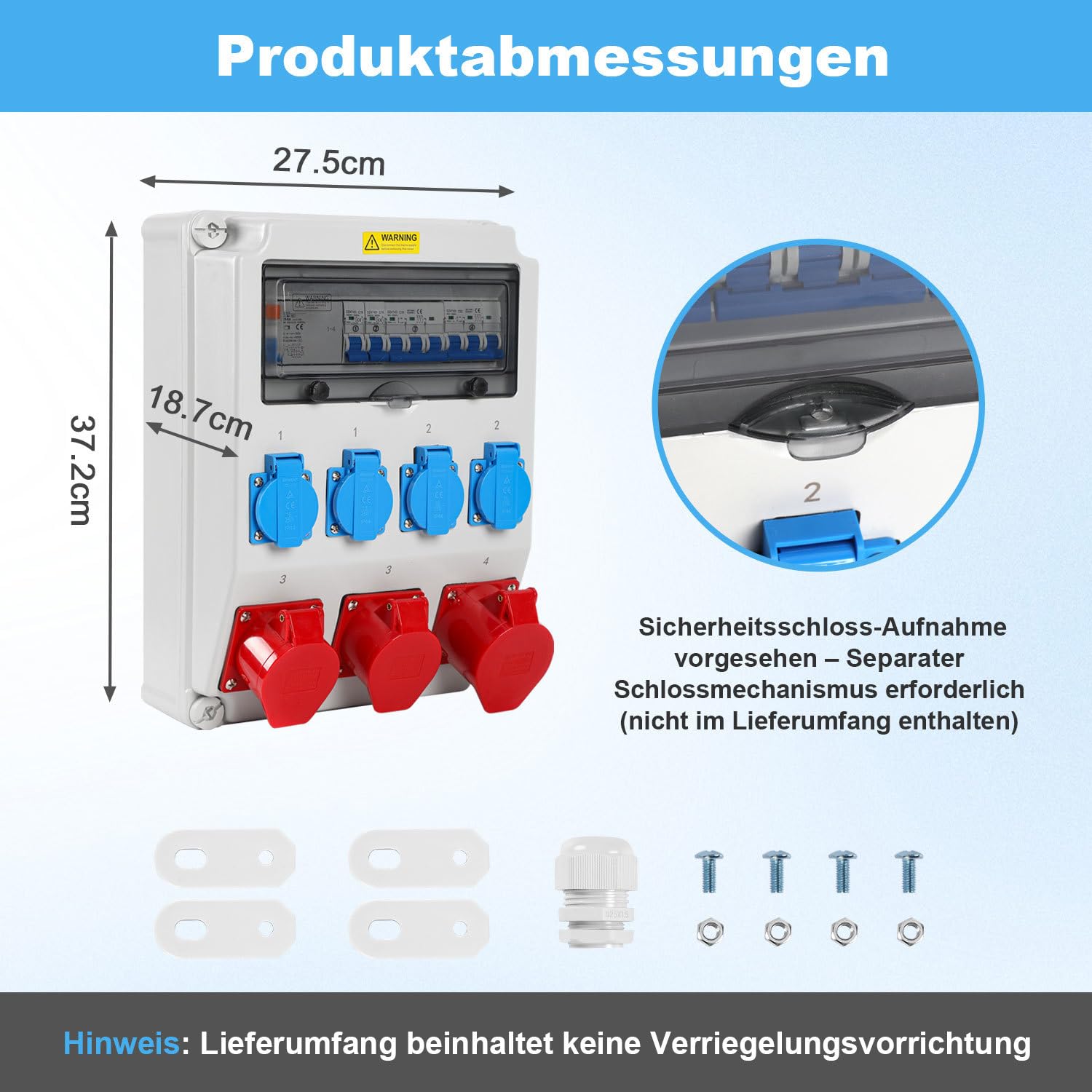 Daromigo Distributore da parete, 4 x 230 V, Schuko, CEE 16 A/32 A, con