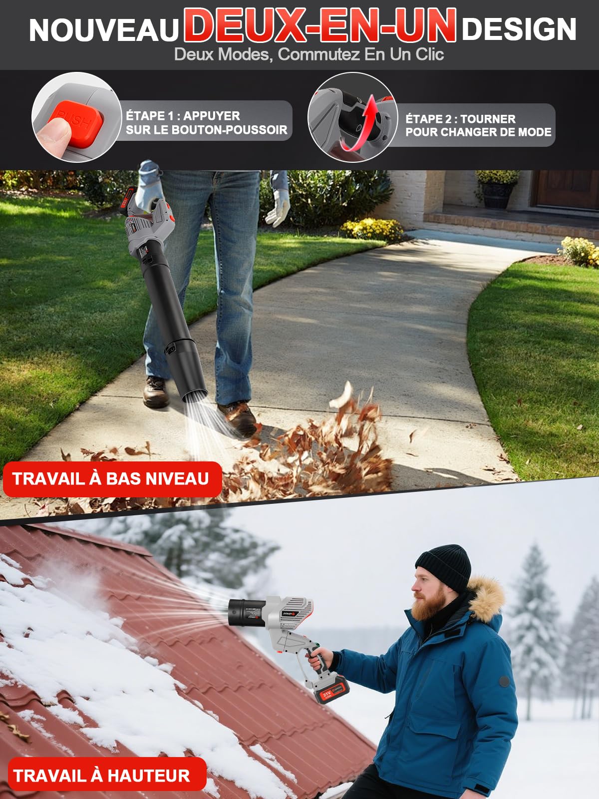Souffleur à Feuilles sans Fil,Mode Turbo,1189m³/h,21V,souffleur à Feuilles 5 Vitesses avec 2 Batteries de 4.0 Ah et Chargeur,Rotation à 180 °,pour Le Nettoyage de la pelouse,du Garage,de la terrasse
