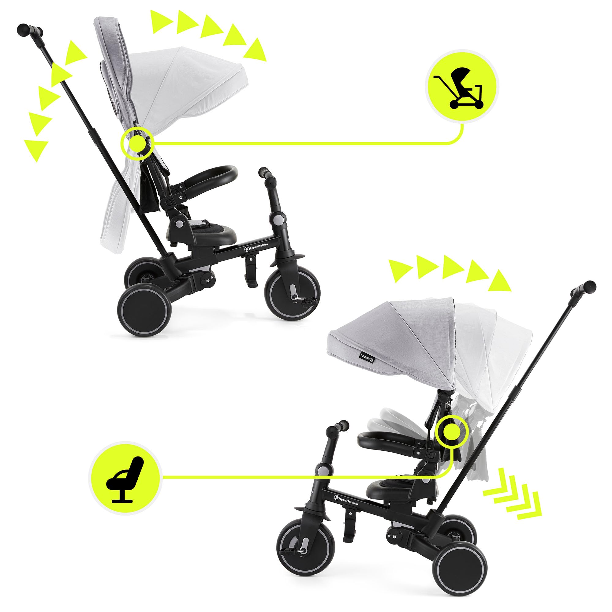 HyperMotion Triciclo Evolutivo 8 en 1 con Asiento Giratorio 360° – Triciclo Bebe Reclinable y Plegable con Capota, Arnés y Barra de Empuje – Trike Infantil para Niños de 1 a 5 Años