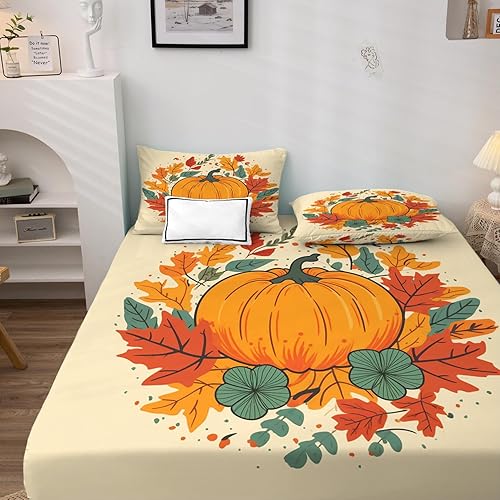 Miniatura 3 de zcsm Juego de sábanas tamaño Queen, sábanas de calabaza de Acción de Gracias, sábanas y fundas de almohada, microfibra suave, bolsillo profundo y