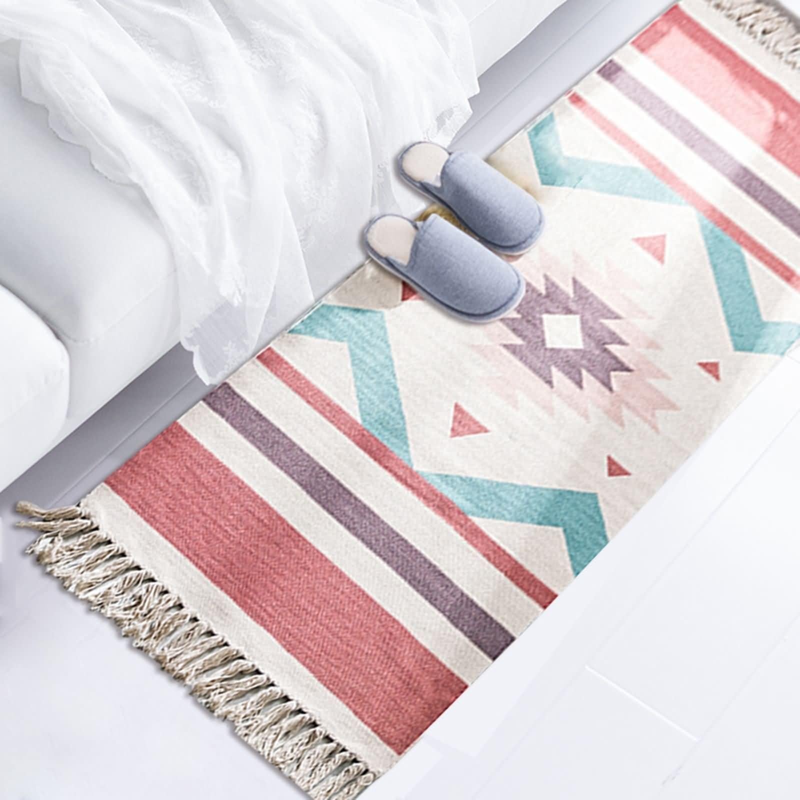 Bettvorleger 60x180, Teppich Läufer Rot Braun Blau Rosa Rechteckig Geometrisches Muster mit Quasten Baumwoll Leinen