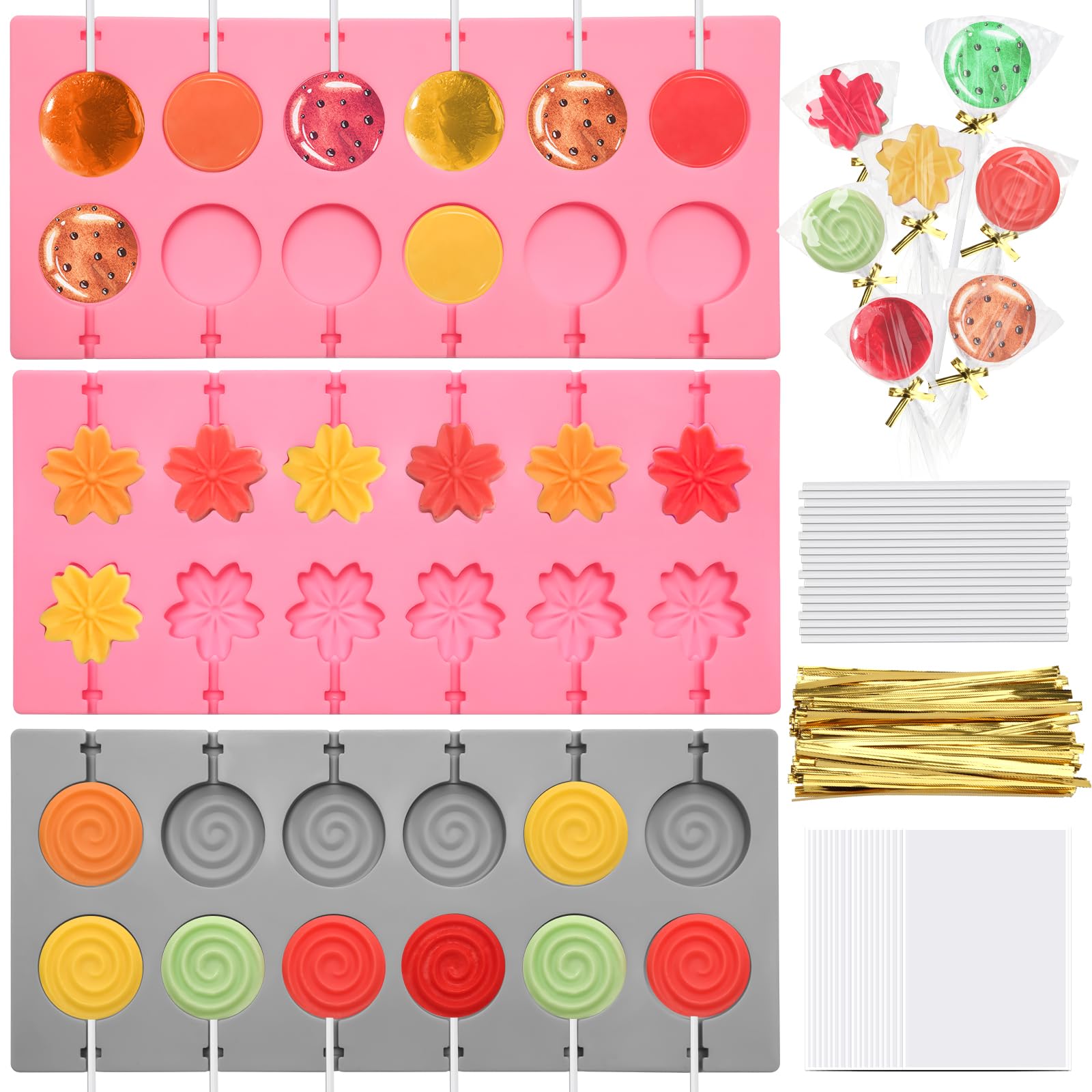 303Pcs Silicone Lollipop Molds Kit, Lollipop Maker Molds Set, Non-Stick Lollipop Candy Molds for Chocolate, 3D Flower Silicone Mold for Hard Candy with 100P Sticks, 100P Candy Bags, 100P Ties