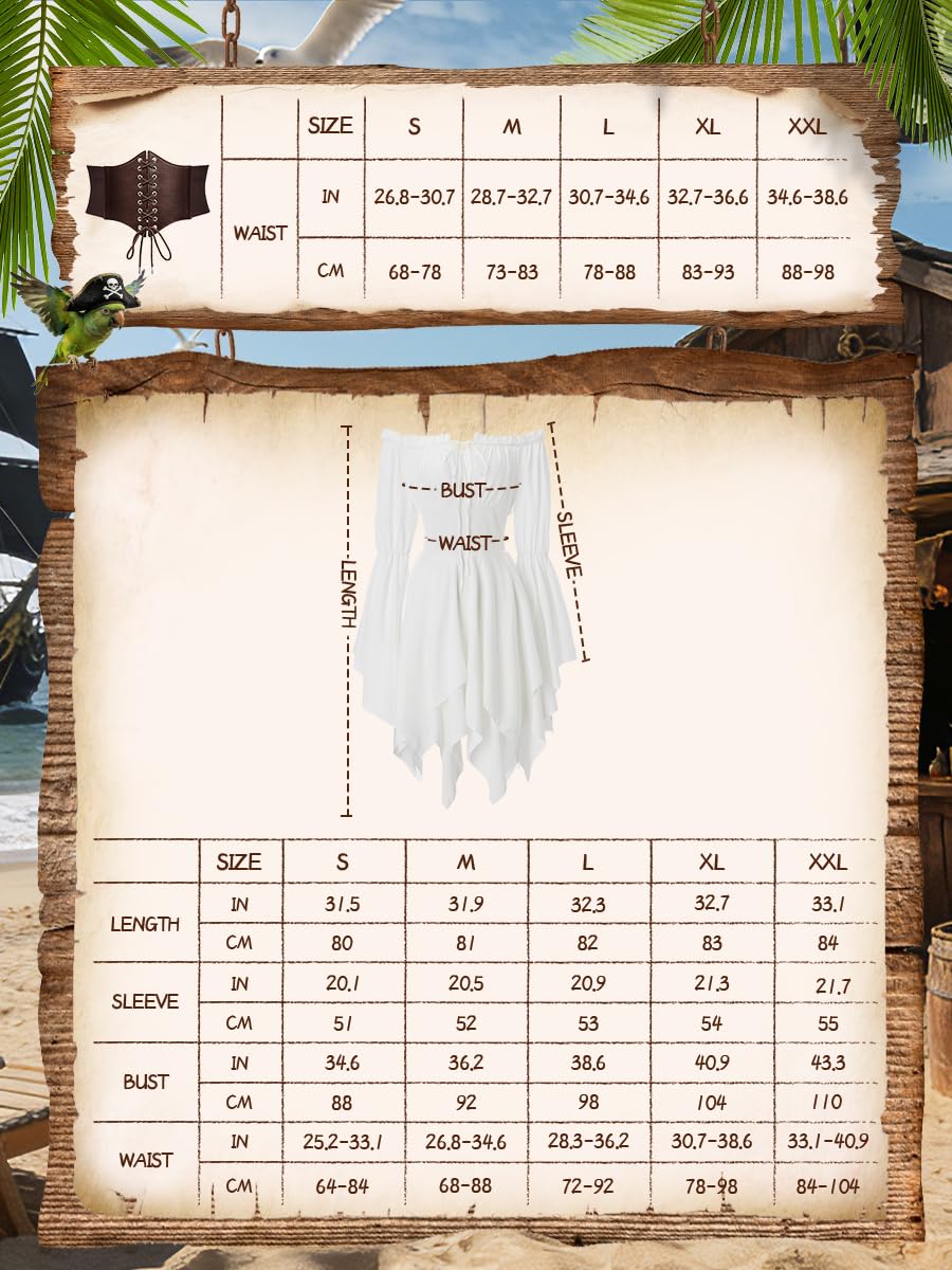Disfraz Pirata Mujer Completo, Vestido Off Shoulder con Doble Capa + Corsé Ajustable + Pañuelo y Faja + Cadena Dorada y 40 Cuentas Trenzas para Carnaval y Fiestas