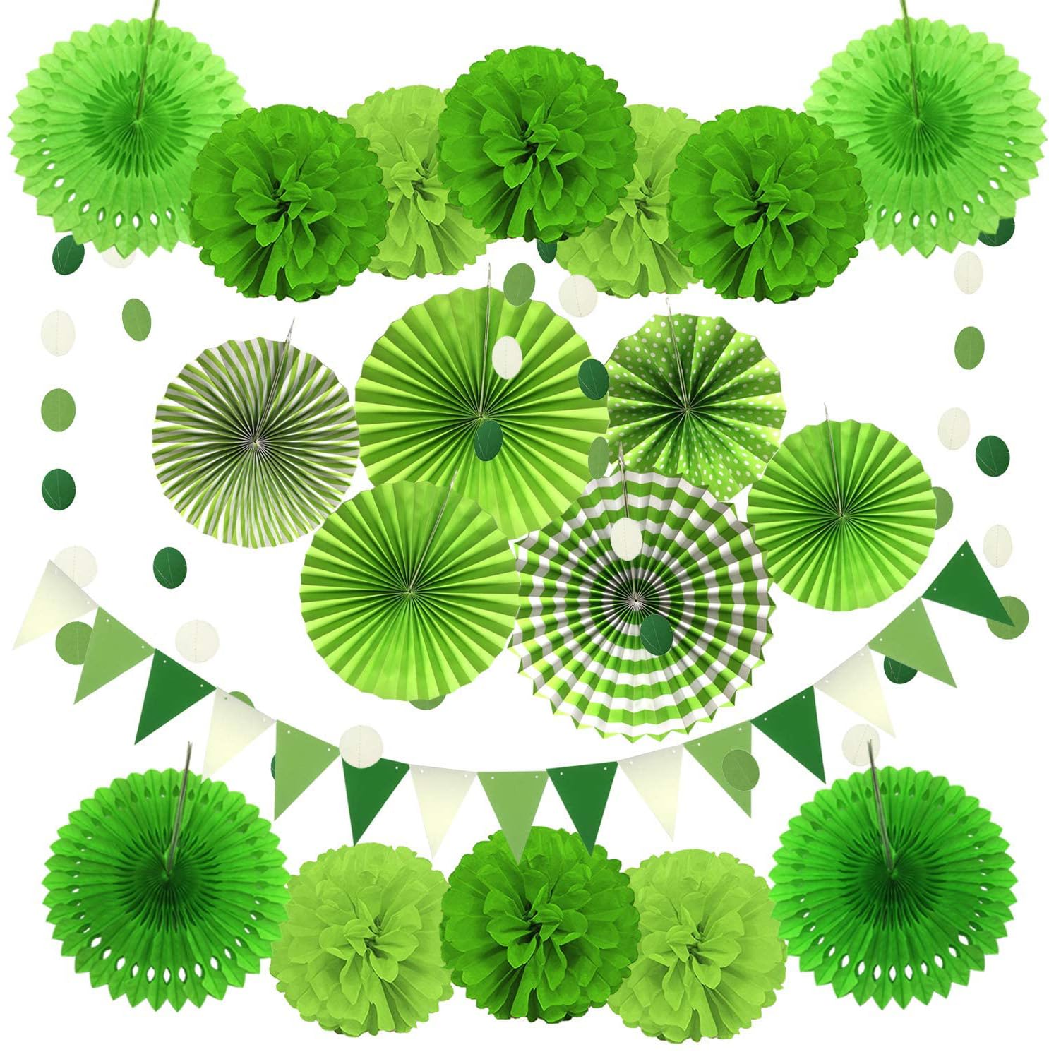 AimtoHome Party Decoration Set , 20 Pcs Pom Poms Flowers , Hanging Paper Fans,Garlands String Polka Dot and Triangle Bunting Flags for Golf Party Dinosaur Birthday Parties Arbor Day?Green?