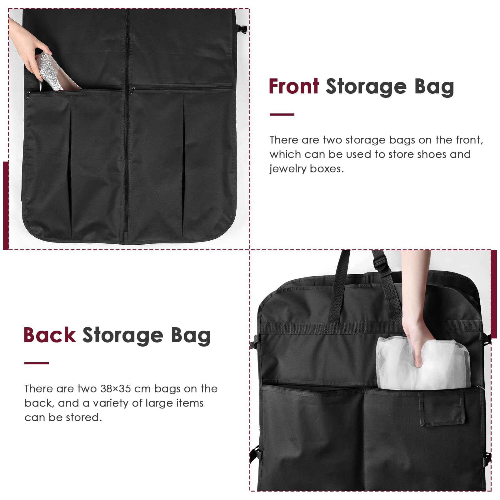 Univivi Sac de voyage pour robe de mariée, 183 cm, pour demoiselle d'honneur avec 4 poches zippées, sac de transport pour vêtements, costume de danse avec poignées réglables, pour voyage – Noir