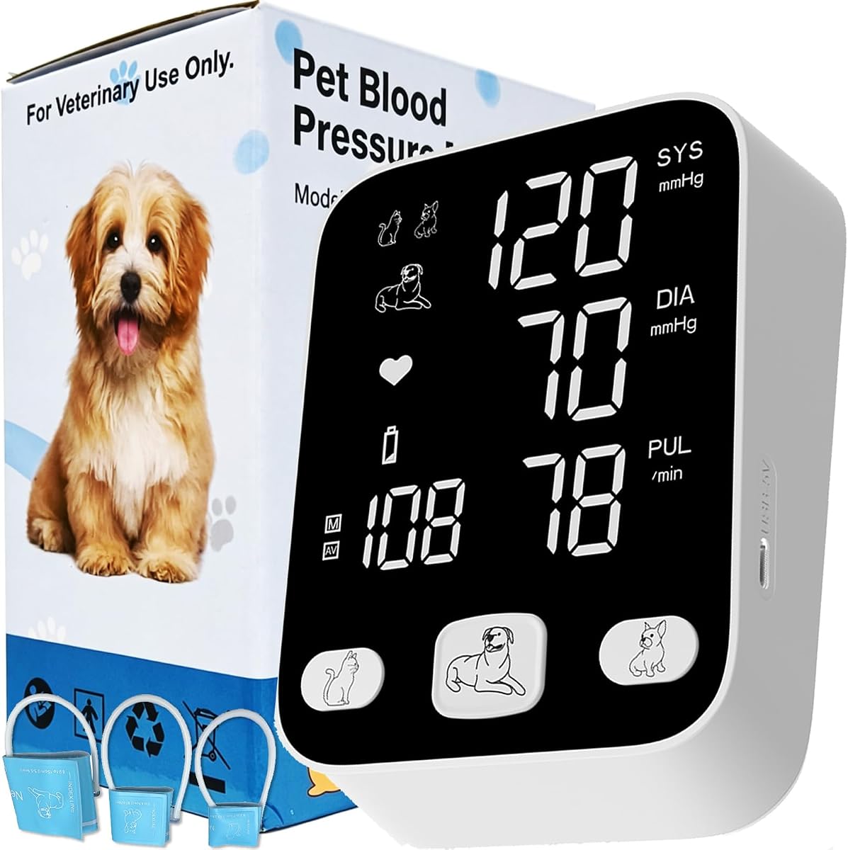 Dog Blood Pressure Monitor for Home Use Vet Dog/Cat/Pet Veterinary Animal Automatic Digital BP Machine with Large LCD Screen Backlight 3X199 Data Memory Silent Prompt L/M/S 3 Cuff
