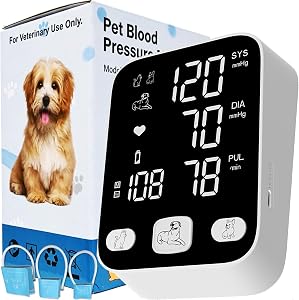 Dog Blood Pressure Monitor for Home Use Vet Dog/Cat/Pet Veterinary Animal Automatic Digital BP Machine with Large LCD Screen Backlight 3X199 Data Memory Silent Prompt L/M/S 3 Cuff