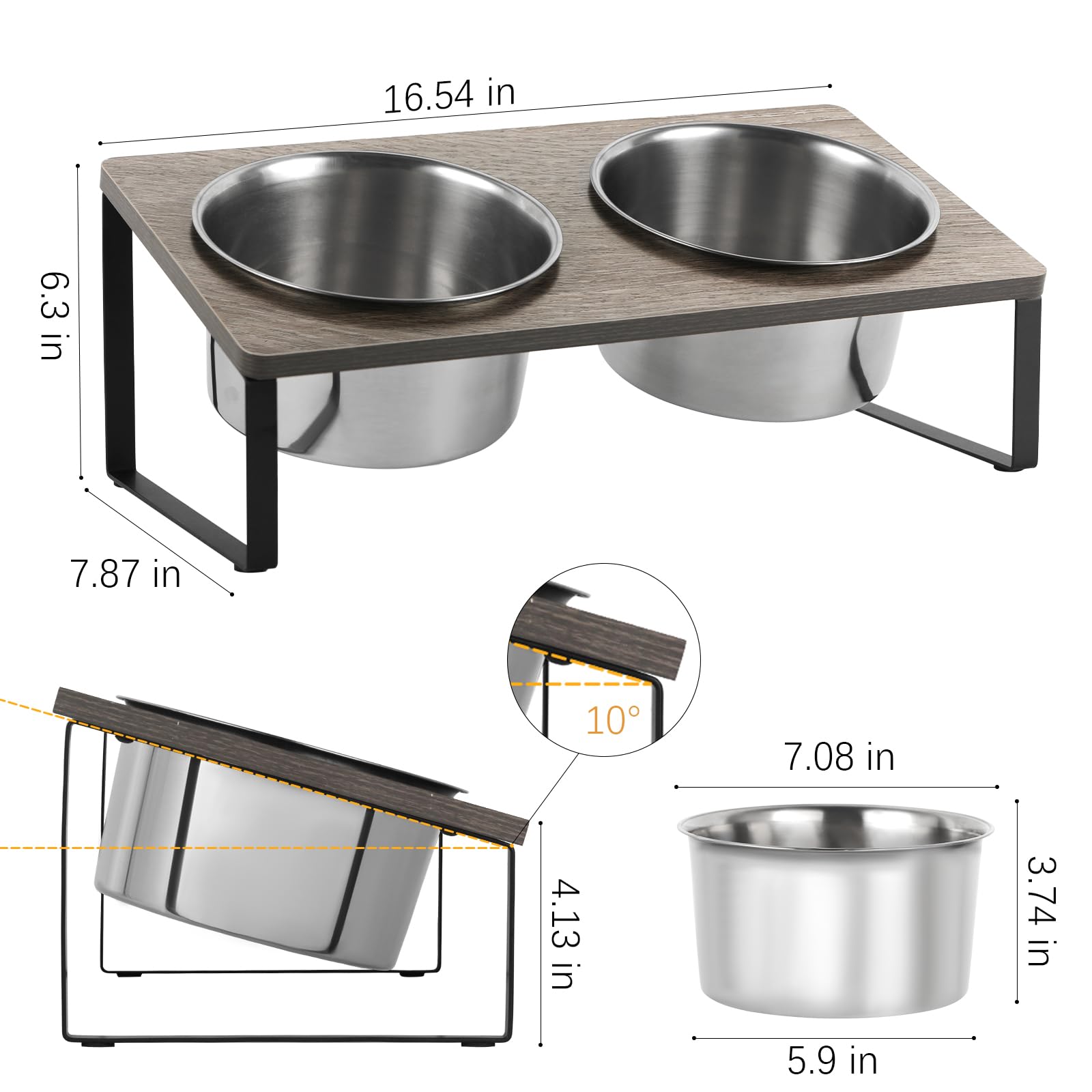 Elevated Dog Bowls Stand Elevated Pet Feeder for Small Dogs Raised Cat Bowl with 2 Stainless Steel, 10Â° Tilted Raised Food Feeding Dishes Dog Food Bowl Stand for Medium Dogs Cats and Puppy,Grey