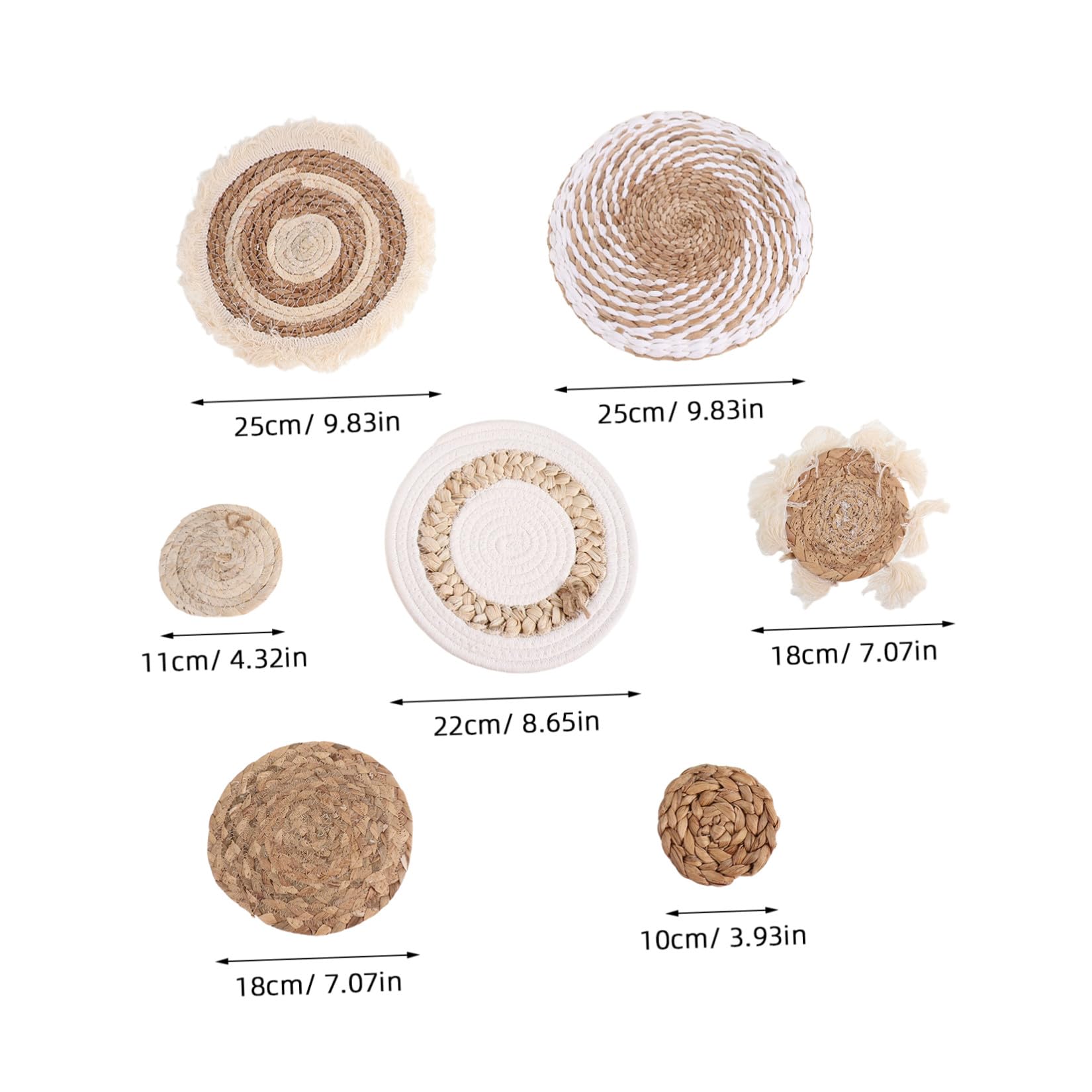 Decoración de Pared y Fácil de Colgar Bohemia Conjunto de 7 Piezas Hecha a Mano en Ratán Beige, Redonda Estilo Rústico y Moderno para Dormitorio