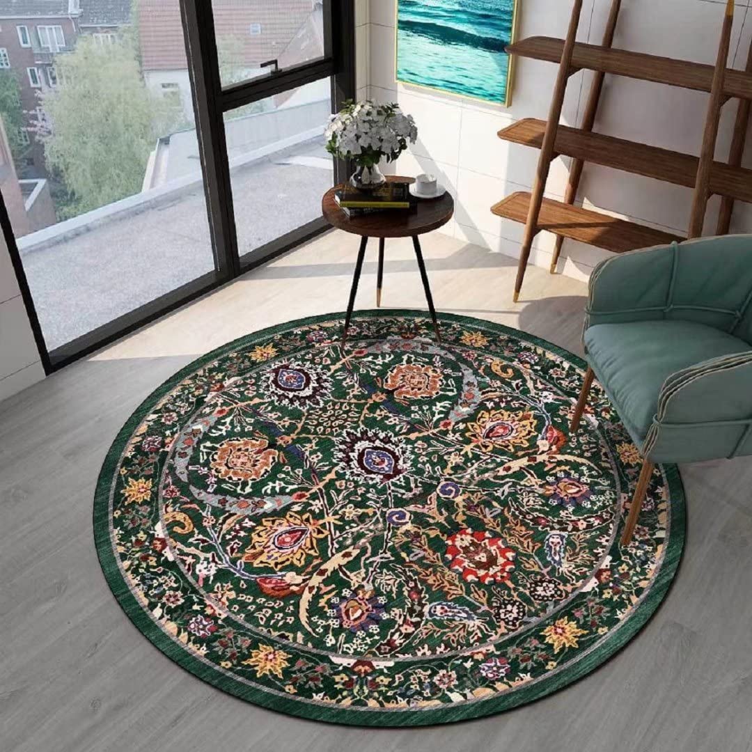 ZSSZO Vintage Boho Round Area Rug 2' Small Circle Floor Mat for Bedroom Bathroom Bohemian Circular Green Throw Rugs for Home Decor