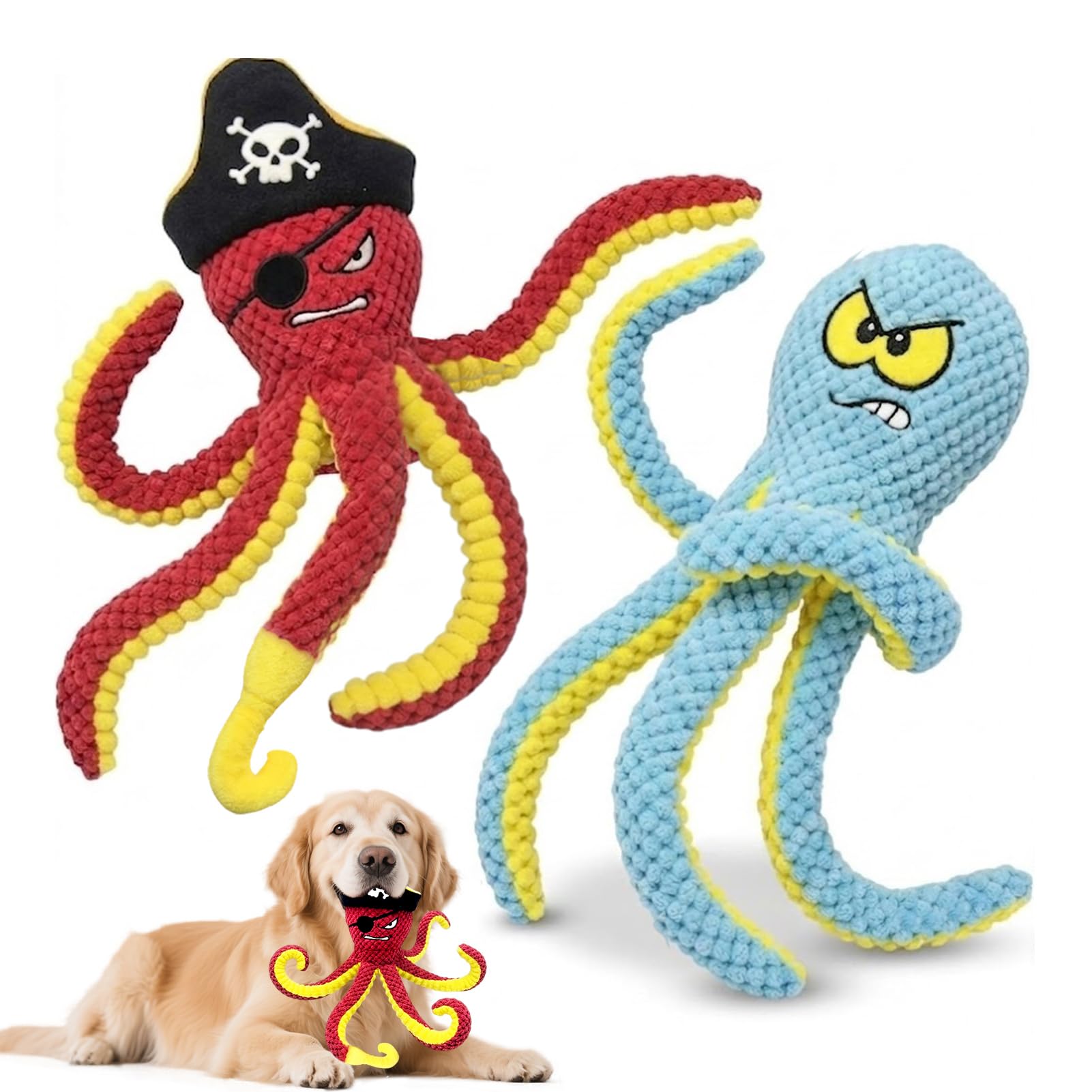 Interactive Octopus Dog Toy, Plush Dog Toy with Crinkle Paper &amp; Squeaker, Tug of War Dog Toy for Small Medium Large Dogs, Soft Dog Chew Toy for Indoor Play, Puppy Training (J-Octopus-Green+Red)