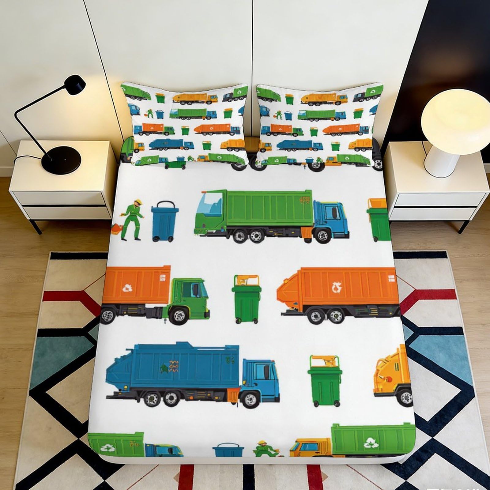 3D Printed Garbage Truck Fitted Sheet Microfiber Soft Breathable Recycling Bin Mattress Cover for Bedroom Dorm Decor 90x200x25cm