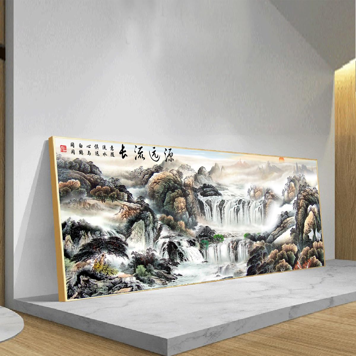 Via Vela Chiński krajobraz płótno sztuka ścienna wodospad sceneria grafika wydruki orientalny styl malarstwo duży mural plakat do salonu dekoracja 40 x 101 cm ze złotą ramą