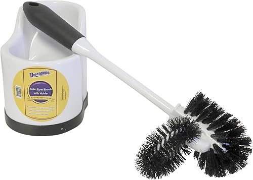 Dependable Industries inc. Essentials Juego de cepillos para inodoro con limpiador de llantas y soporte, sistema de limpieza de inodoro con varita