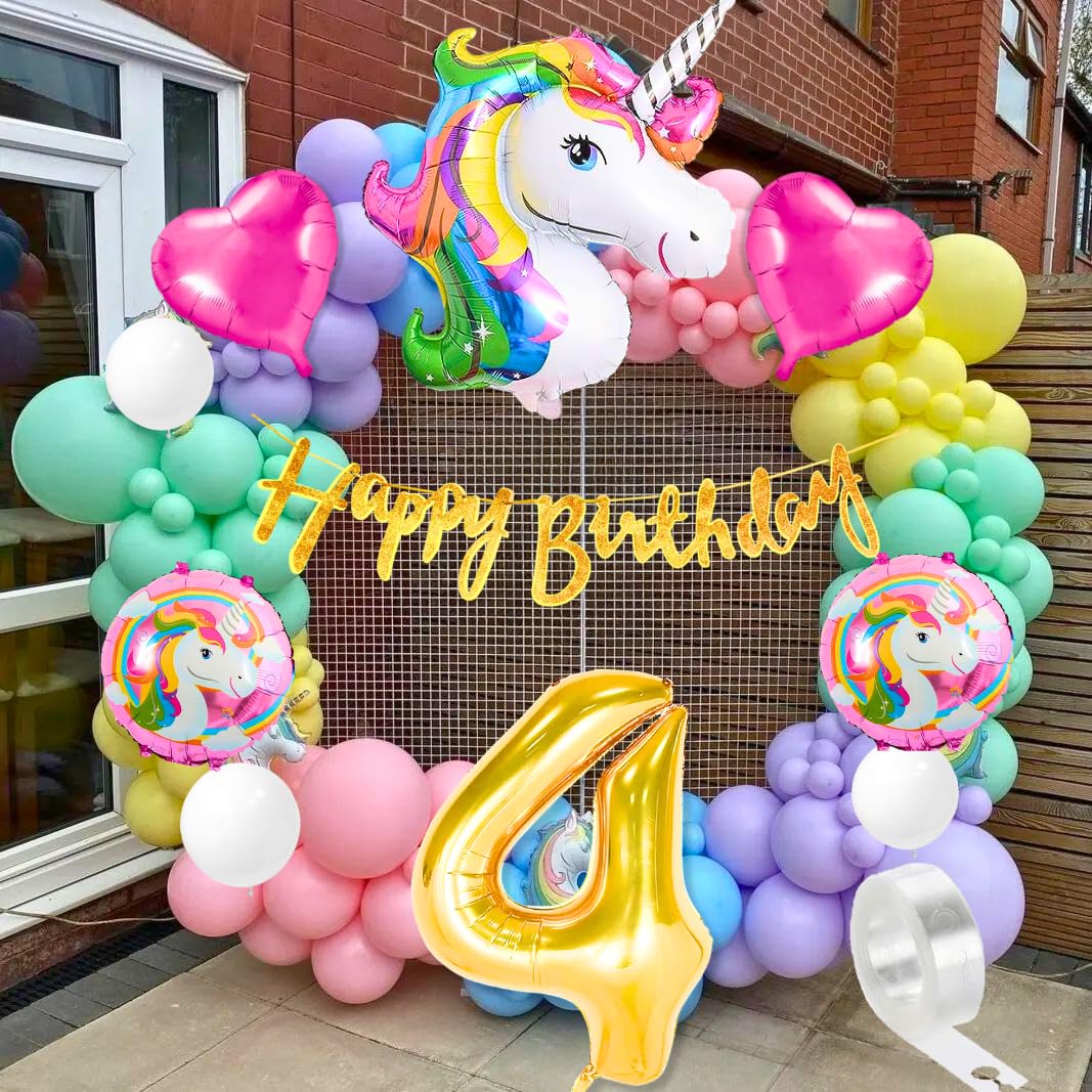Flyloons Unicorn theme 4th birthday decoration Kit for kids baby girl for 4 Year with Unicorn Foil Pink Heart Pink Purple Yellow Mint Orange Blue Pastel White Metallic Balloons Banner,58 pcs-image-39