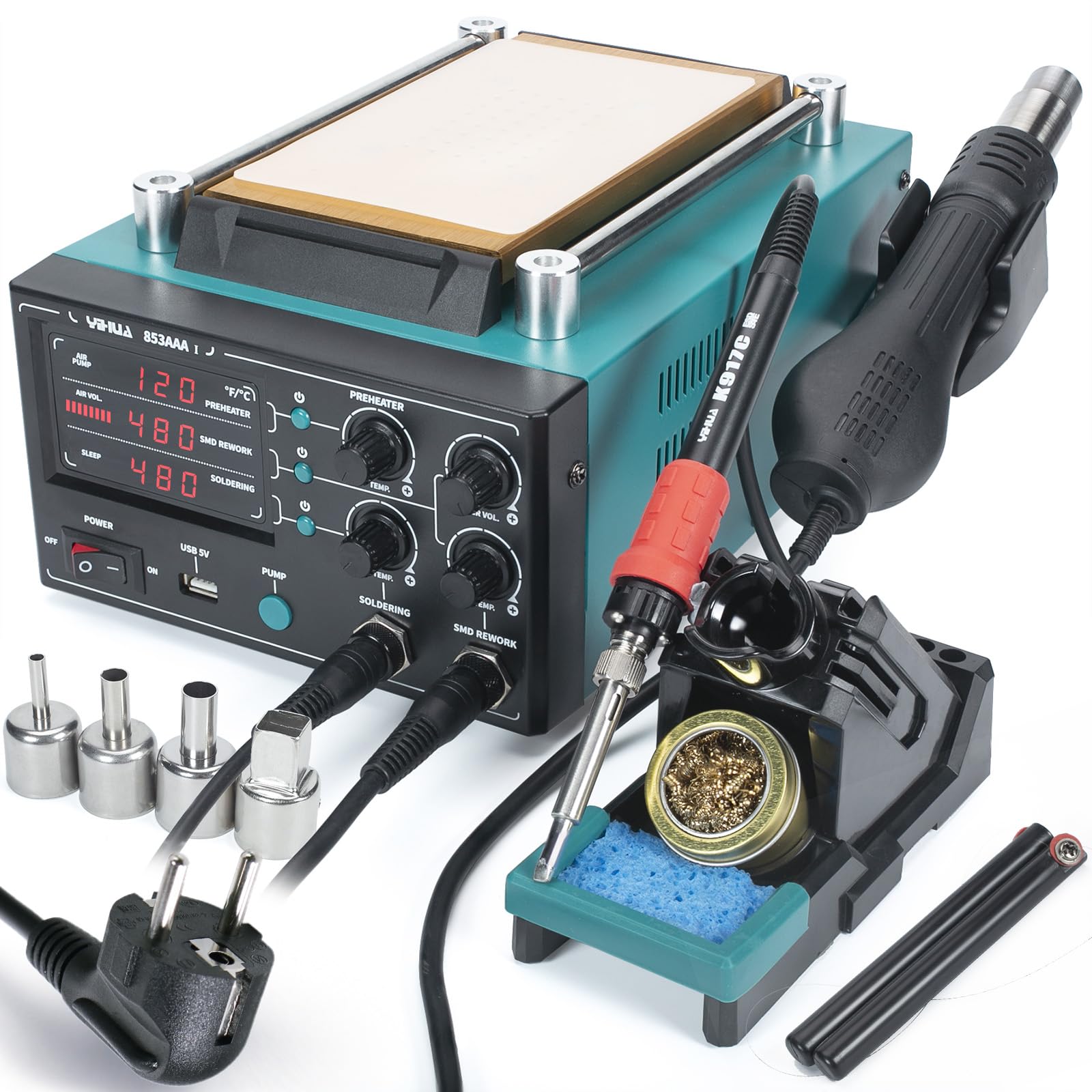 YIHUA 853AAA-I Stazione di Rilavorazione con Saldatore, Pistola ad Aria Calda e Separatore per Schermo LCD con Pompa a Vuoto 3-IN-1 e Porta USB da 5V.