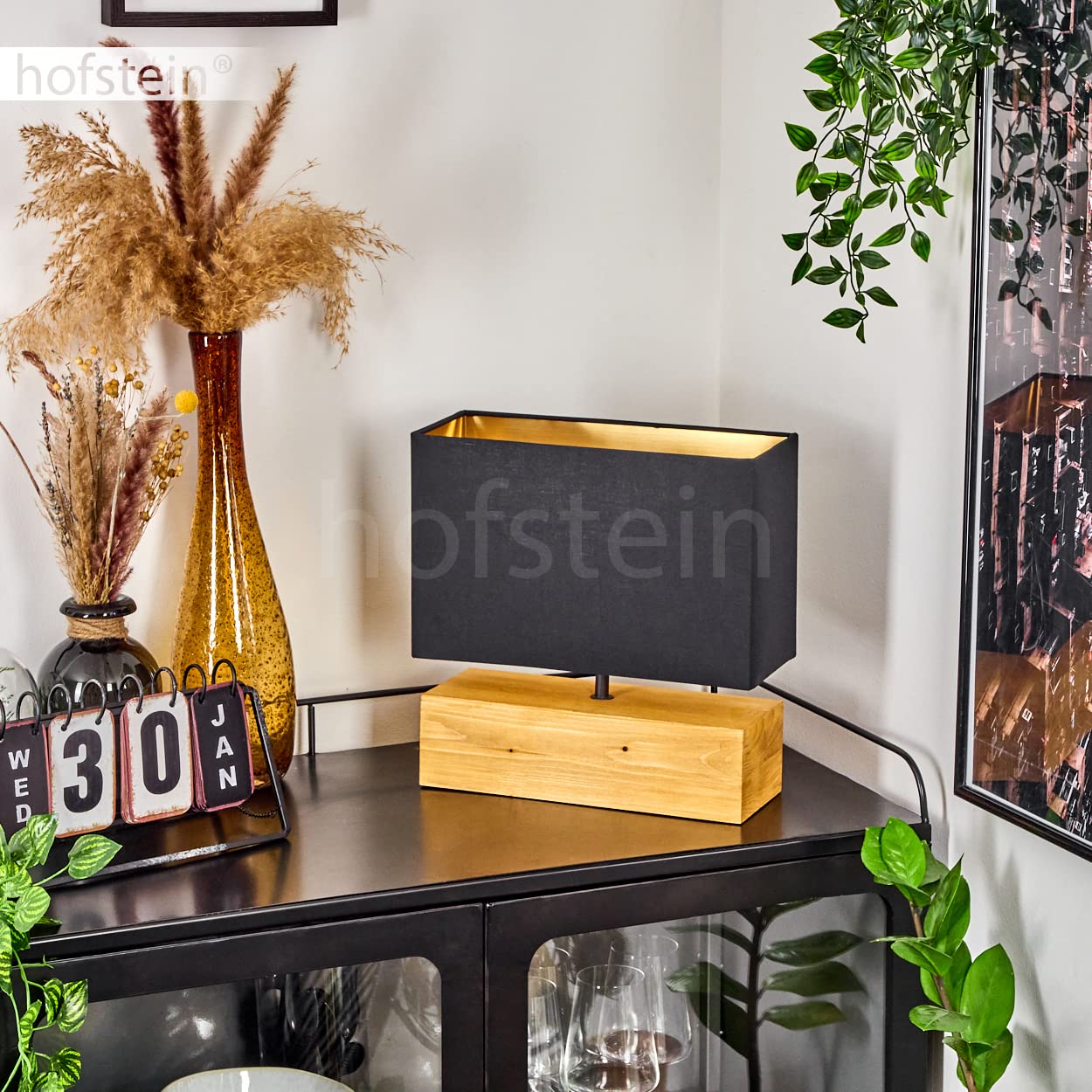 Tischleuchte Geneva, Nachttischlampe aus Holz/Stoff in Natur/Schwarz/Goldfarben, Tischlampe 1-flammig im skandinavischen Design, E27, Länge 30 cm, Leucht m. An-/Ausschalter am Kabel, ohne Leuchtmittel