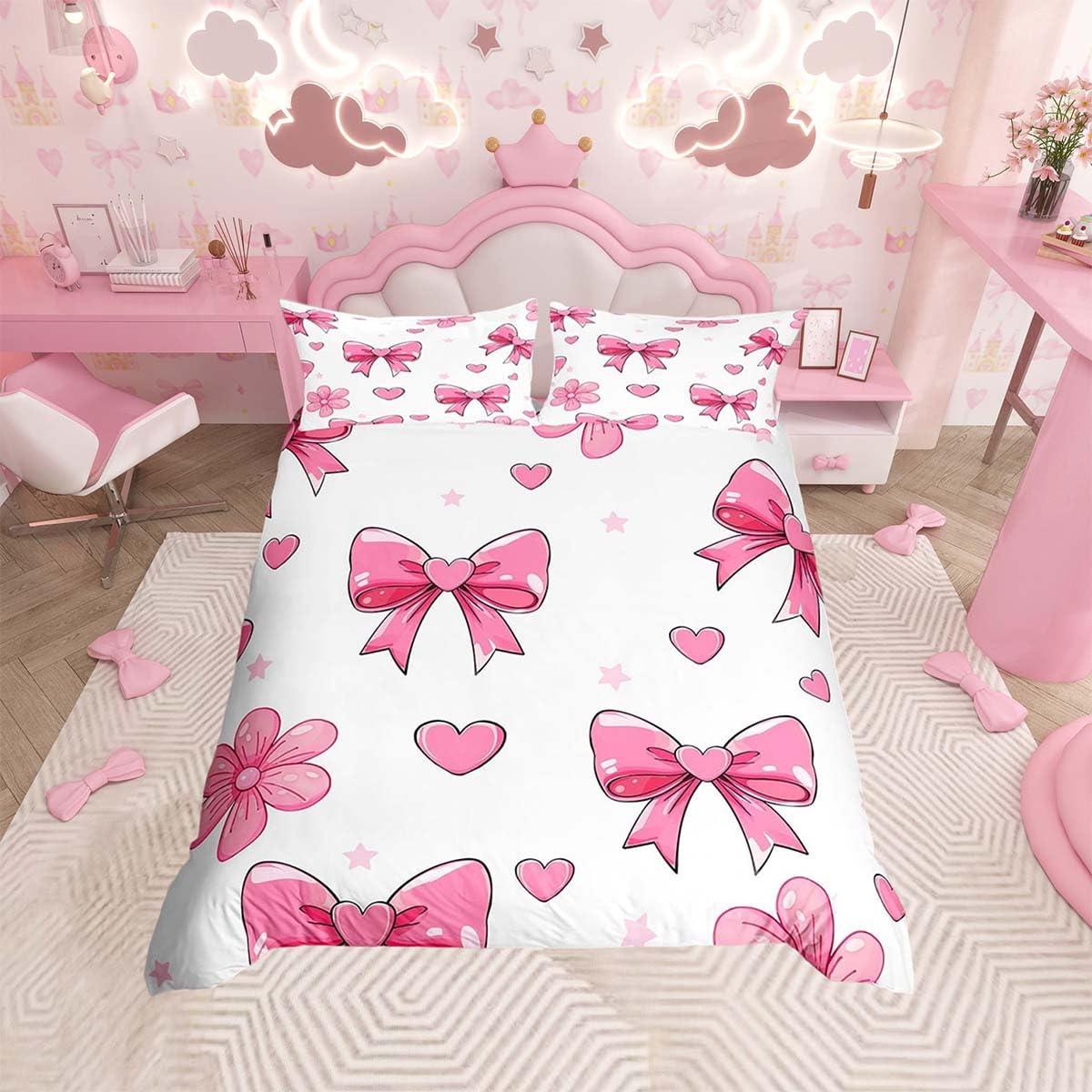 Homemissing Cute Bowknot Duvet Cover Set Single Size Pink Bow Tie Duvet Cover for Boys Girls Flower Star Print Bedding Set 2Pcs Love Heart Room Decor