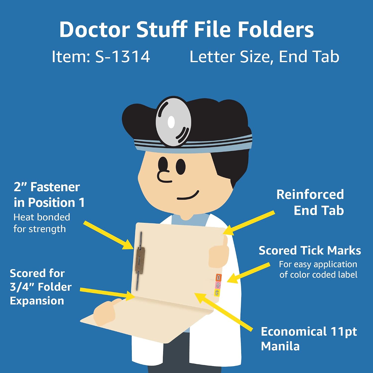 Medical File Folders with Fastener, Doctor Stuff, Letter Size, Reinforced End Tab Folders with 2” Bonded Fastener on Inside Back, 11 pt Manila Stock, Box of 50