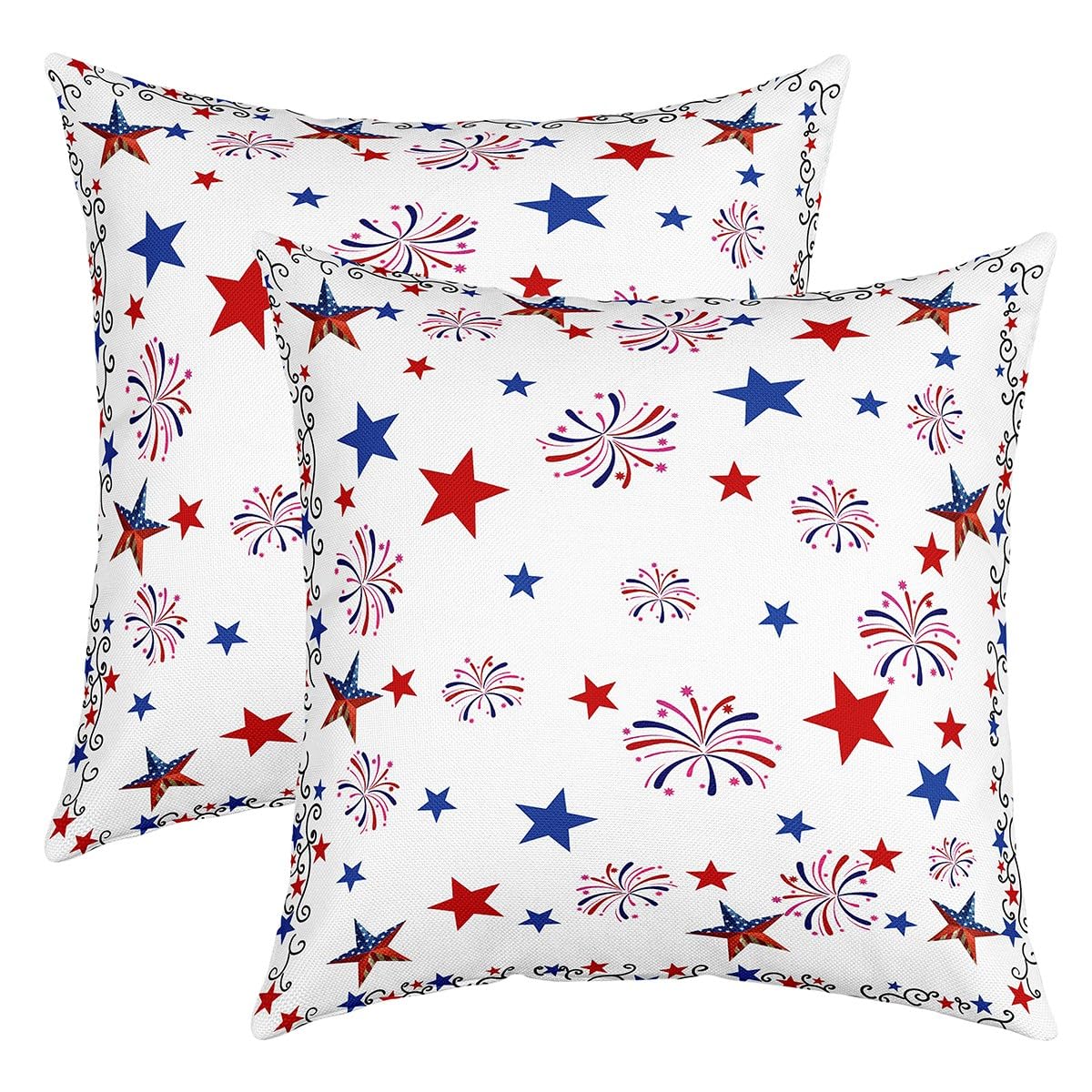 4th of July Throw Pillow Covers 18"x18" Set of 2 Soft Stars Firework Decorative Throw PillowCases for Sofa Room Decorative Independence Day Pillow Cases Cushion Covers Fireworks White Cushion Cases