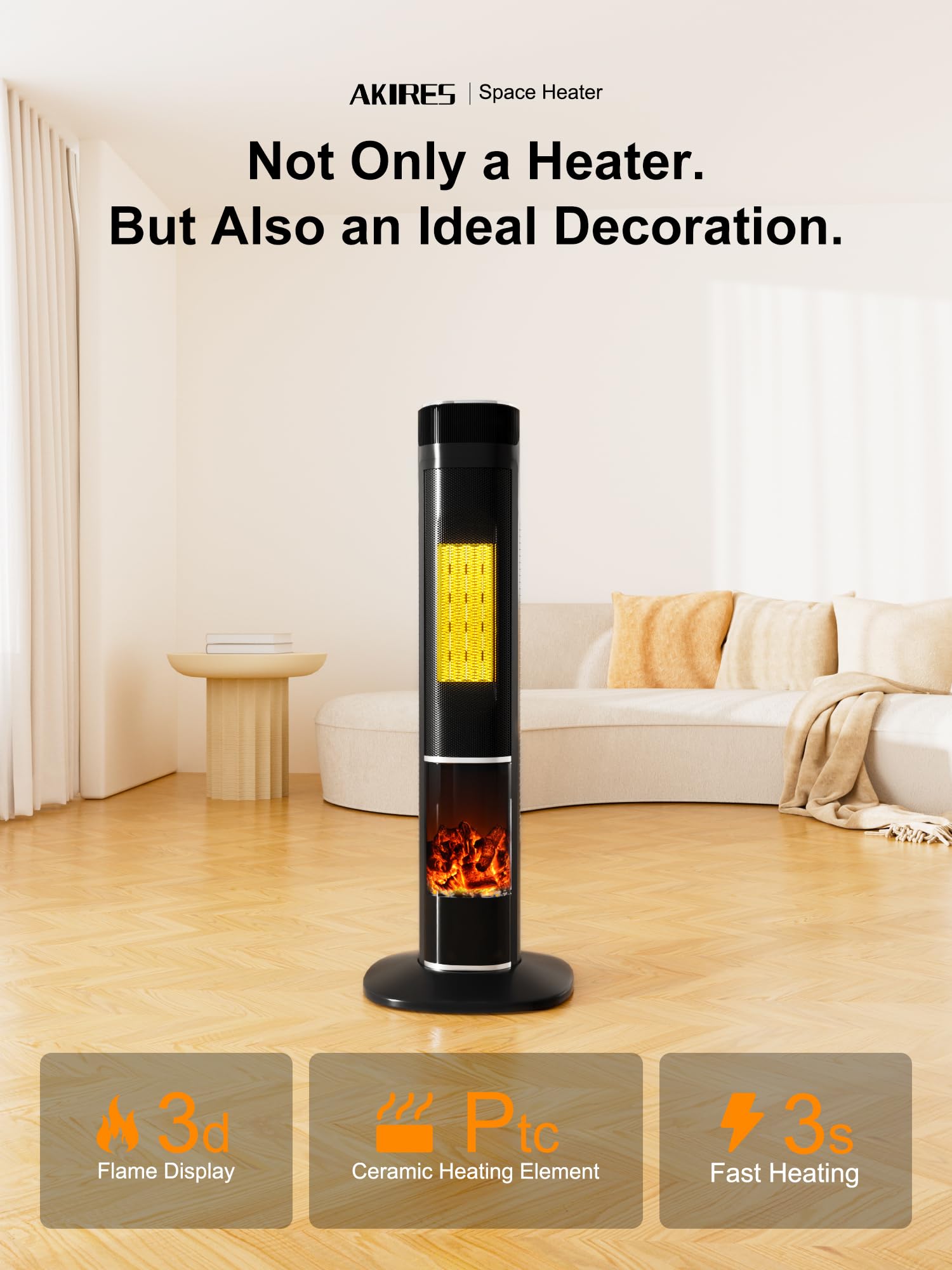 AKIRES 32” Large Floor Portable Electric Heater,1500W Tower Space Heater for Indoor Use,70° Oscillating PTC Ceramic Heater with Thermostat,ECO Mode,Remote Conrtol,24H Timer for Bedroom Living room