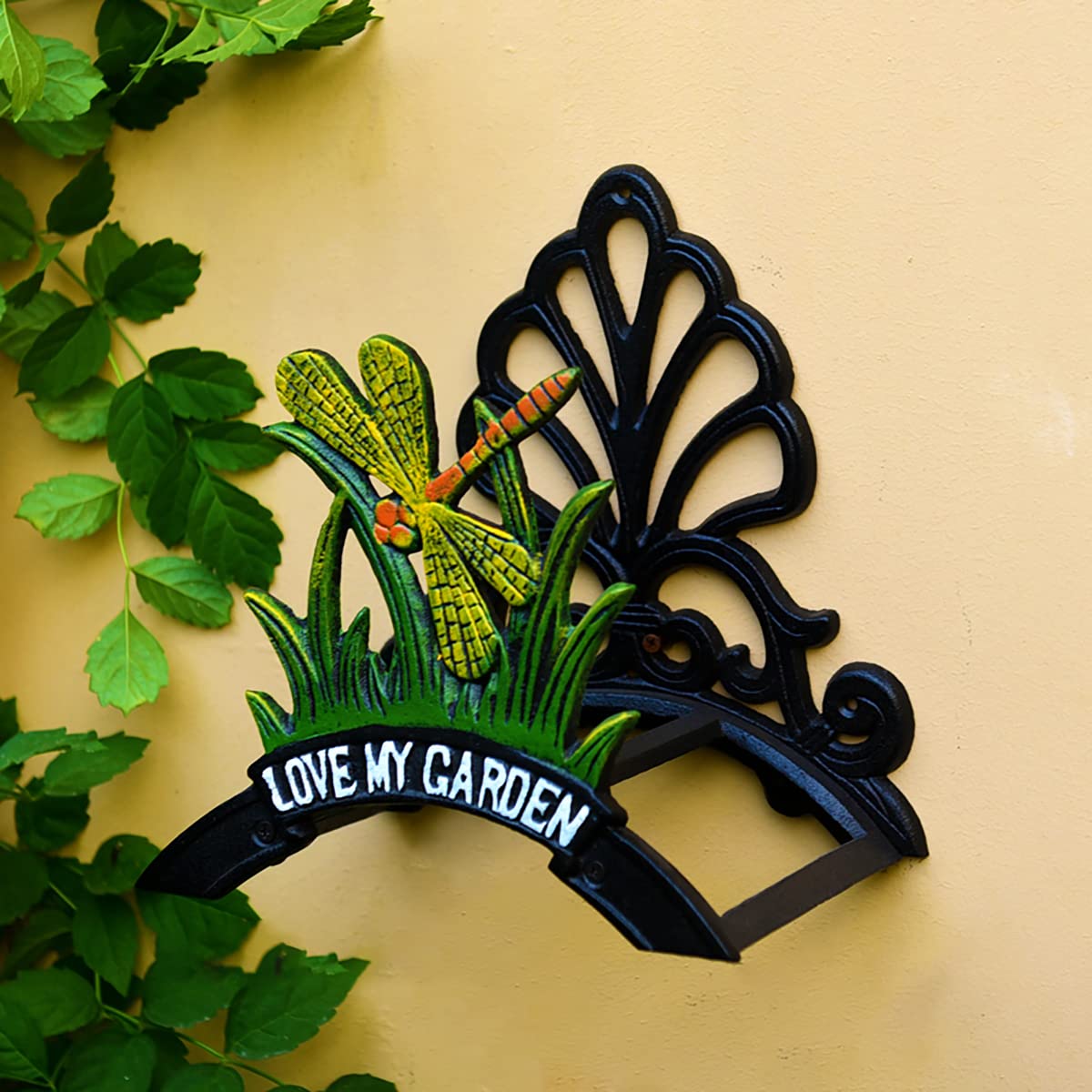 Soporte decorativo para manguera de jardín, colgador de manguera, soportes de tubería de agua de hierro fundido resistente, mayordomo de manguera montado en la pared, carrete de estante de manguera