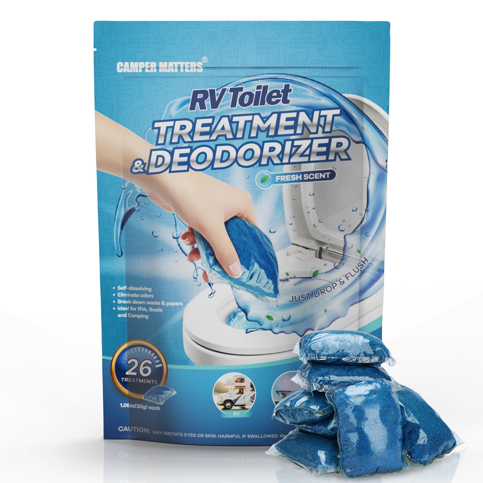 CAMPER MATTERS 26 Packs RV Toilet Treatments, Holding Tank Deodorizers for RV/Marine Portable Camping Toilet Eliminating Odors and Breaking Down Waste
