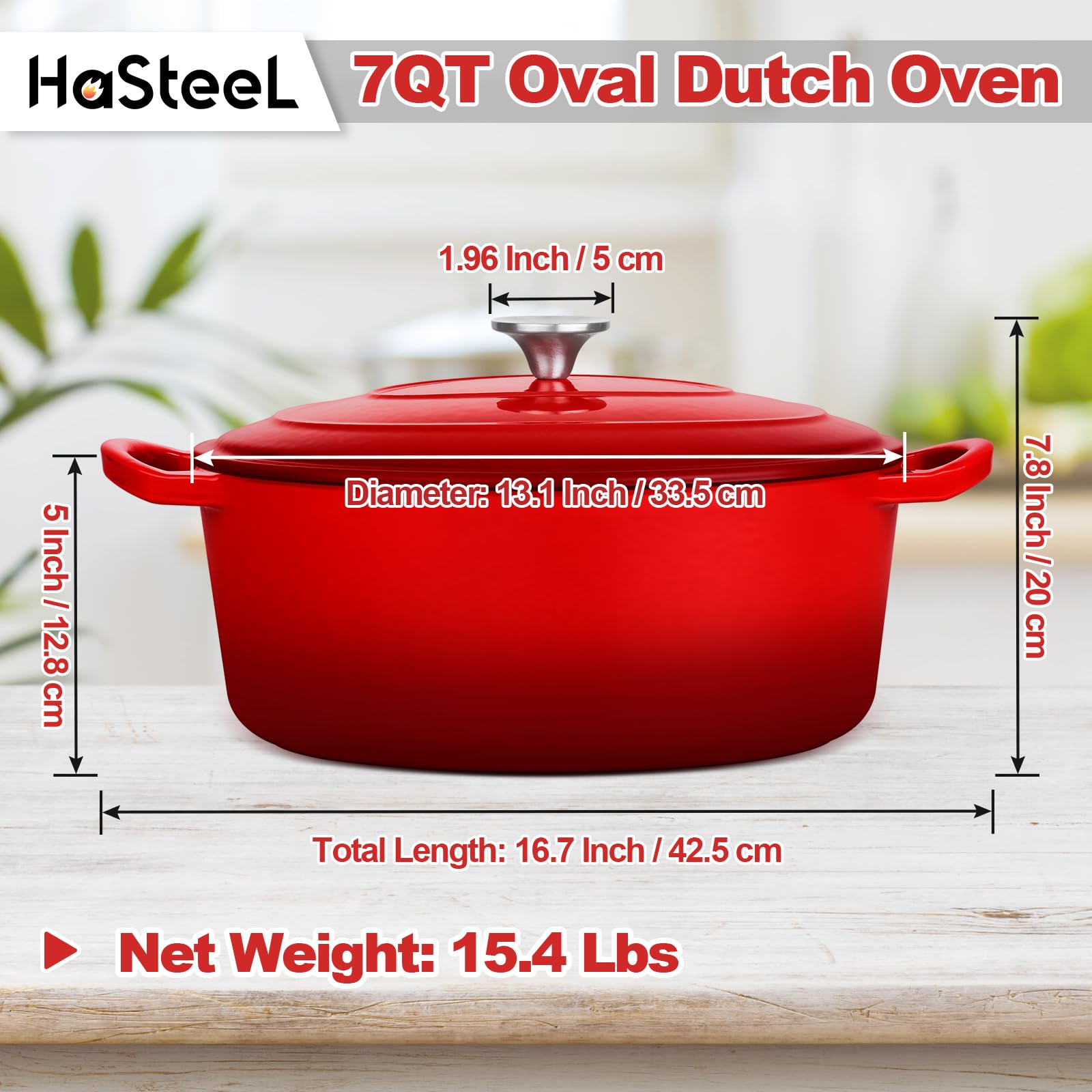 HaSteeL Oval Cast Iron Dutch Oven, 7 QT Enamel Deep Pot with Lid, Non Stick Casserole Cookware for Sourdough Bread Baking, Braising, Simmering, Poaching, Slow Cooking, Stewing, Frying, Heavy Duty, Red