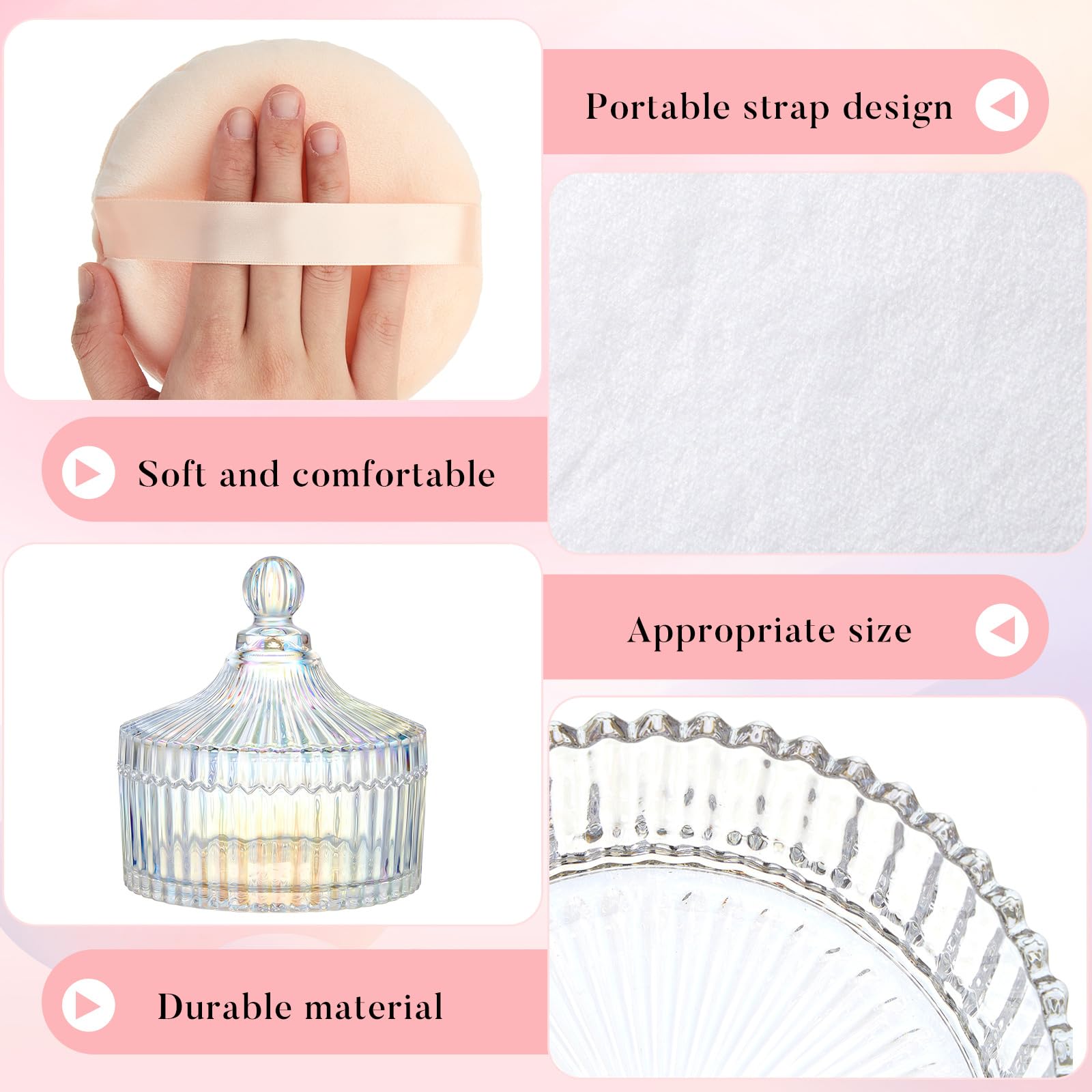 Tioncy 3 piezas extra grandes para polvo corporal y recipiente de cristal de 5.43 pulgadas con terciopelo de 5.12 pulgadas, tarro de vidrio para mujer, herramienta de maquillaje (deslumbrante)