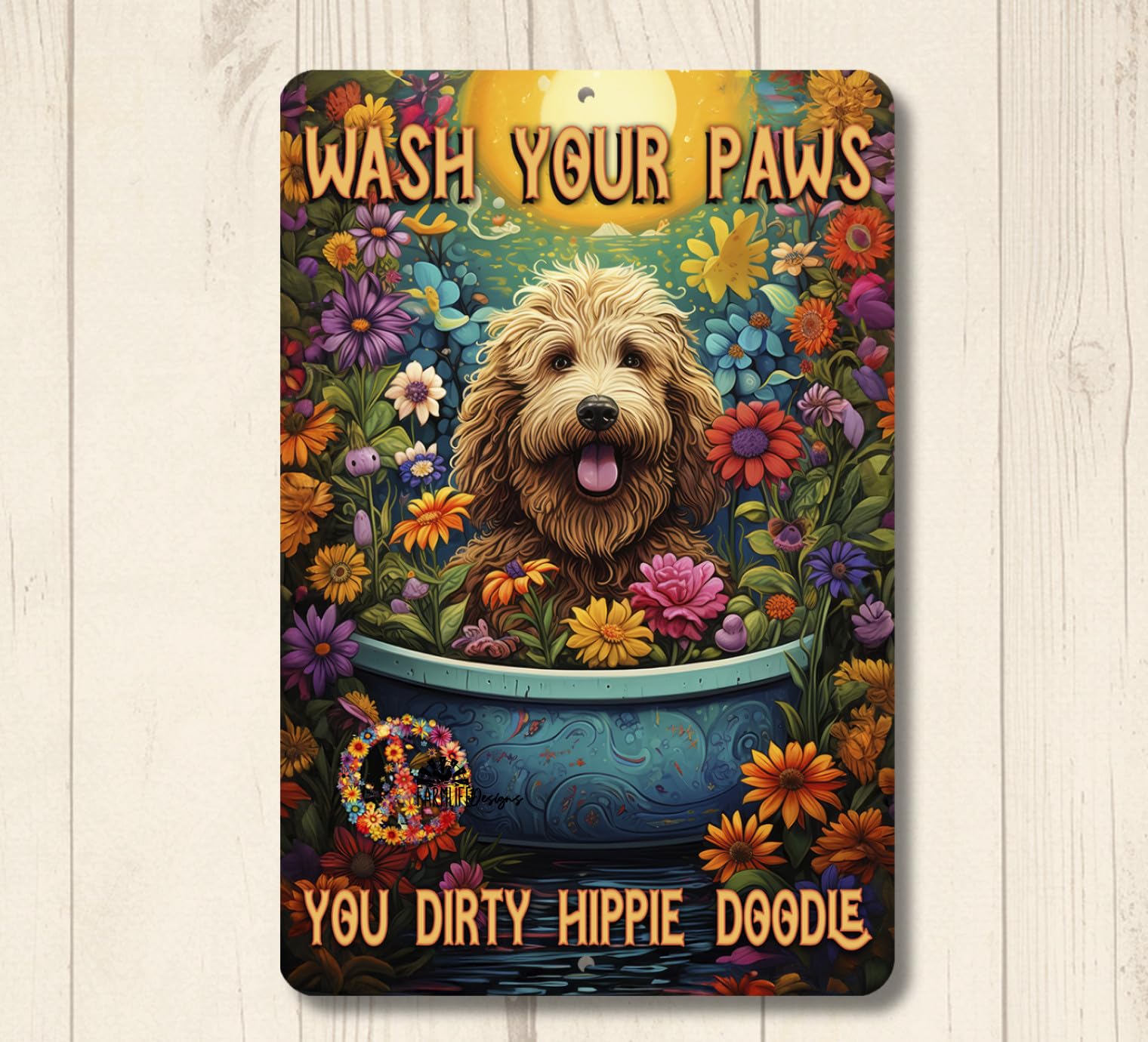 Doodle Bath Sign Wash Your Paws You Dirty Hippie labradoodle golden bathroom dog home decor