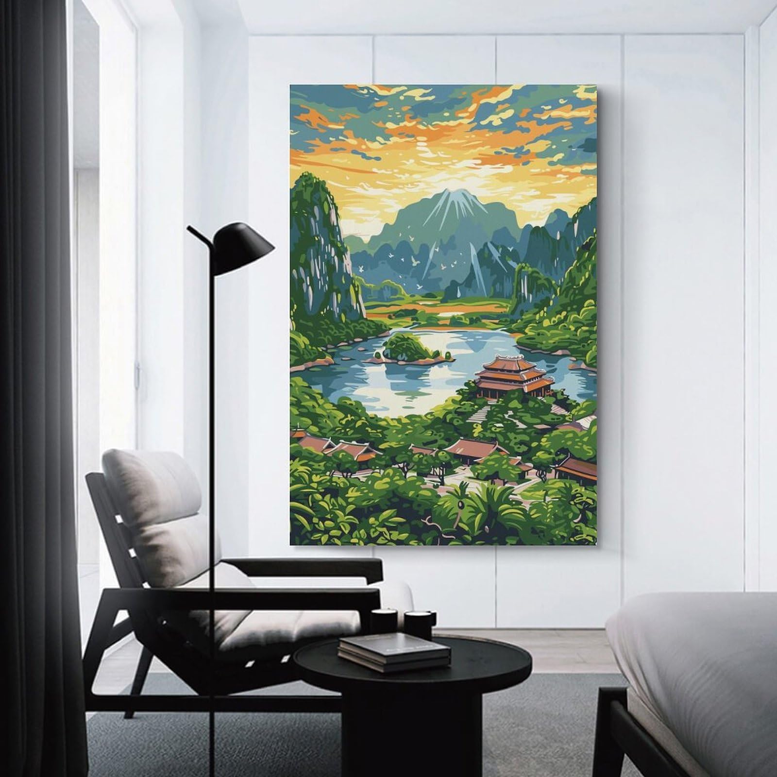 Junmoney Asian Landscape with Mountains And Temple Canvas Wall Decor, 24x36inch(60x90cm), for Bedroom, Guest Room Or Reading Nook, Canvas Wall Decor for Personal Spaces