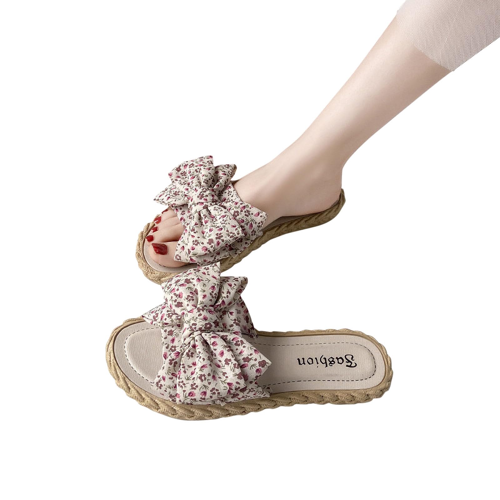 Claquette Plates Semelle Tressée Femmes d'été Claquettes de Plage et Piscine Pantoufles avec Nœud Chaussons à Bout Ouvert Nu Pieds Confortable Antidérapant Chaussures pour Maison Salle de Bain Douche