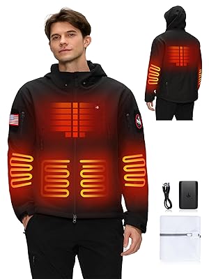 Heated Jacket for Men with 12V Battery Pack, Winter Outdoor Soft Shell Electric Heating Coat with Foldable Hood