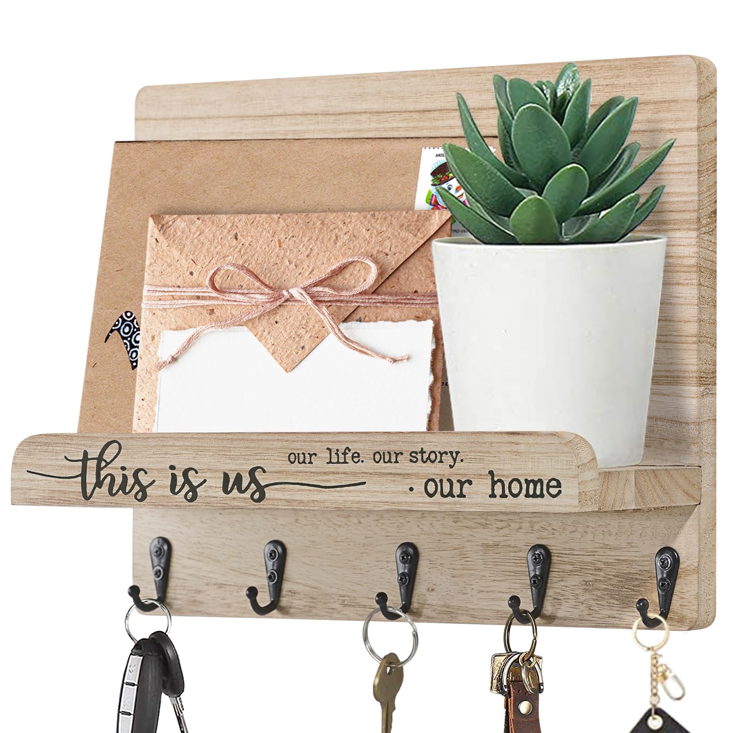Aoaopq This Is Us & Beige Farmhouse Key Holder With Hooks - Wood Wall Mail Organizer For Entryway