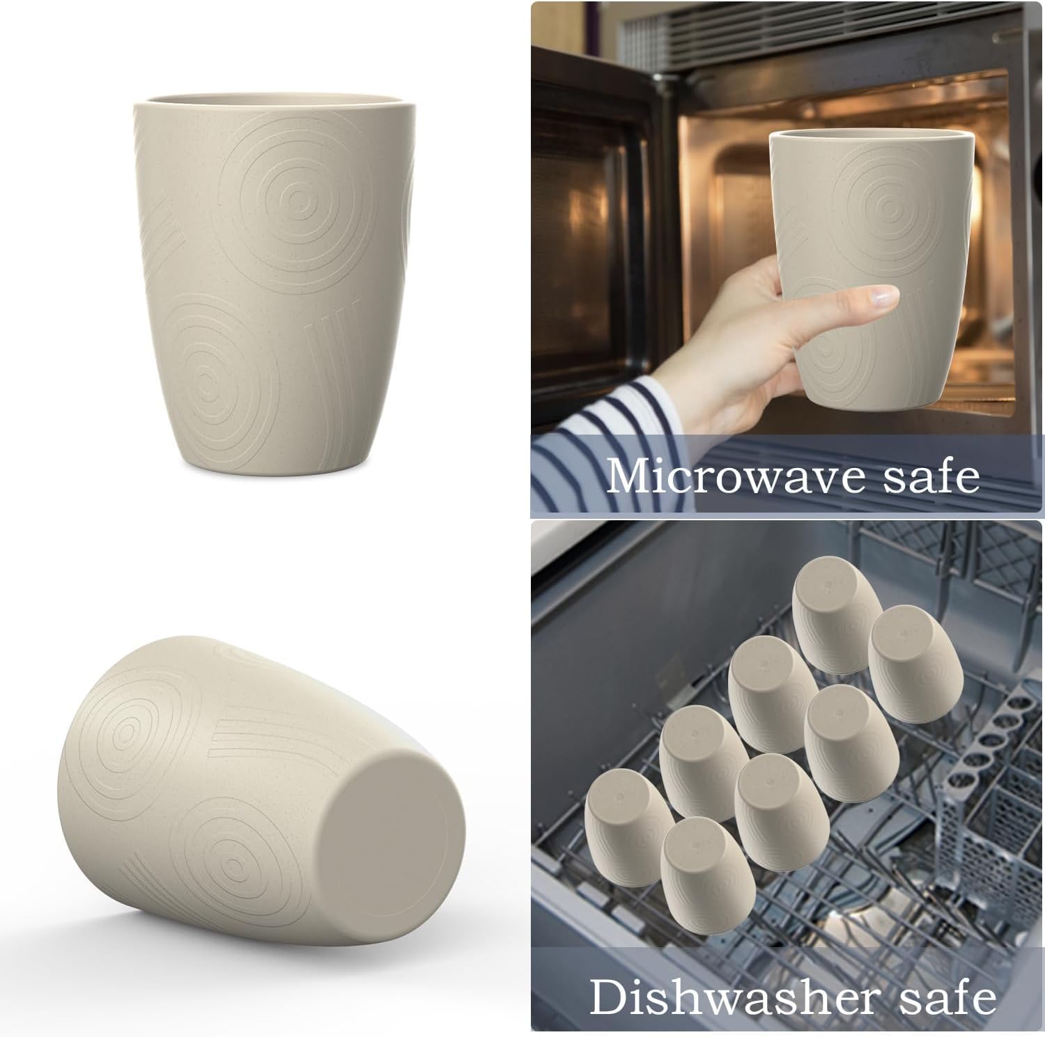 Wrova Set di 8 bicchieri in plastica, riutilizzabili, 350 ml, infrangibili, lavabili in microonde, lavabili in lavastoviglie, colore beige
