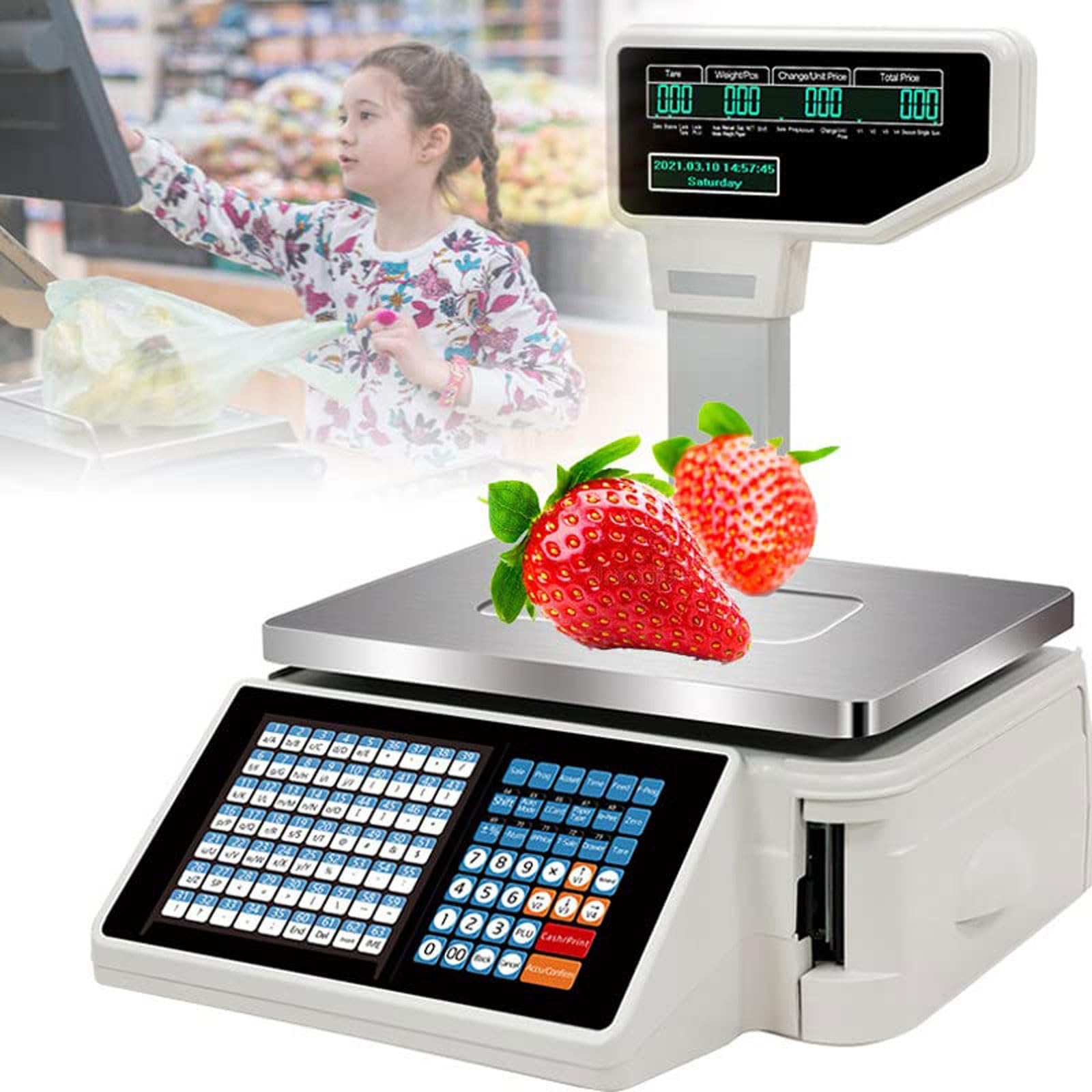 JKJZSALJ Digital Weighing Scales,Commercial Label Printing Scales,30Kg/60Lbs Double-Sided Lcd Display,63 Shortcut Keys,Digital Price Computing Scale Thermal Printer