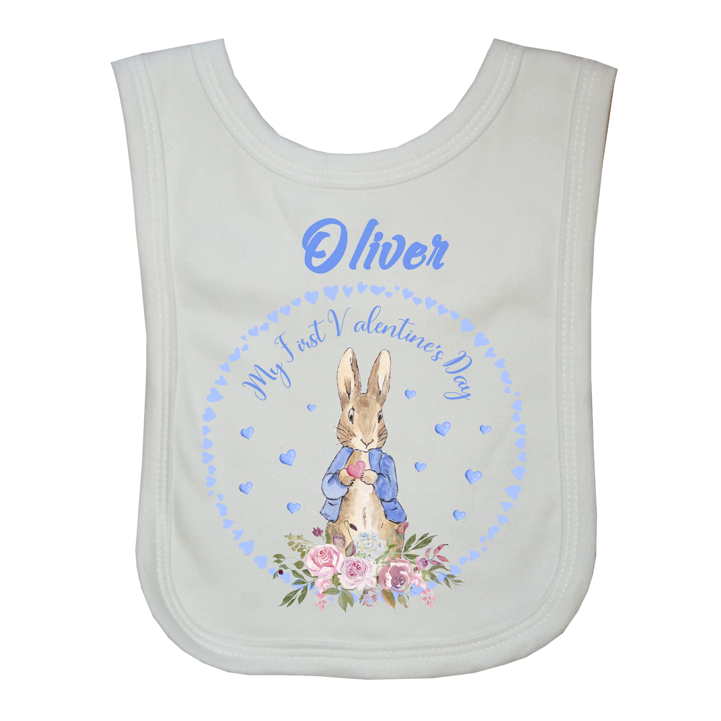 Oh Sew Simple Boys Personalised Little Rabbit 1st Valentines Day Baby Bib – Printed with the name of your choice - Style 2