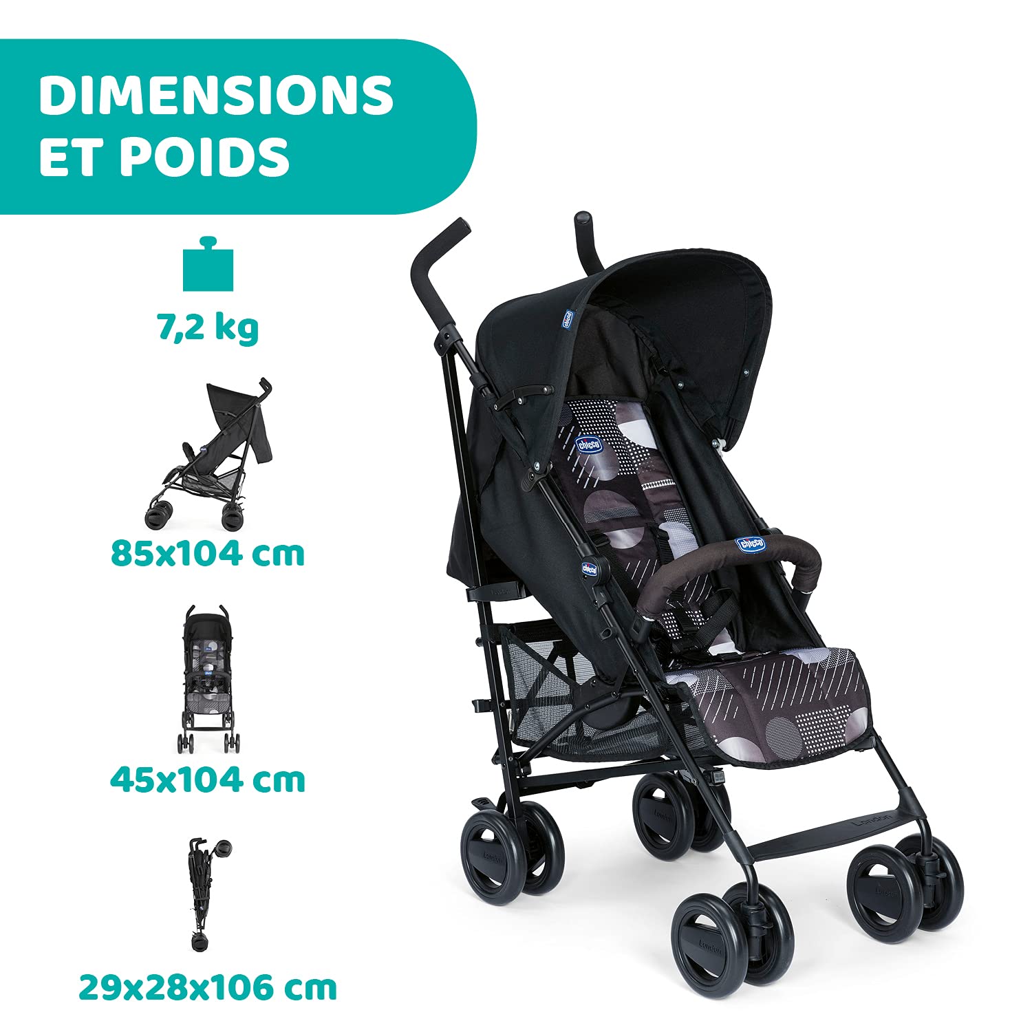 Chicco London Up Poussette Légère et Compacte, Dossier Inclinable avec Arceau de Protection, Pliage Parapluie - de la Naissance à 15 Kg - Matrix - 104 x 46.5 x 83 cm