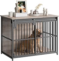 HOOBRO 36.6" Heavy Duty Dog Crate Furniture with Sliding Barn Door - Chew-Resistant Kennel & End Table for Small/Medium Dogs, Greige/Black