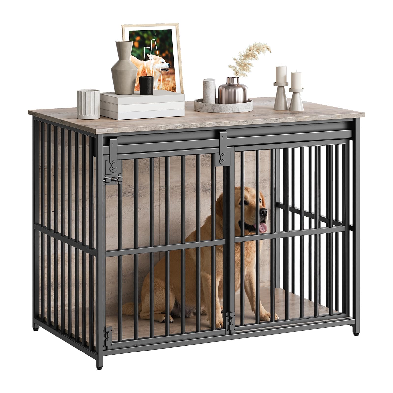 HOOBRO Dog Crate Furniture, 36.6" Heavy Duty Dog Kennel with Sliding Barn Door, Wooden Dog Cage Indoor, Decorative Side End Table for Small/Medium