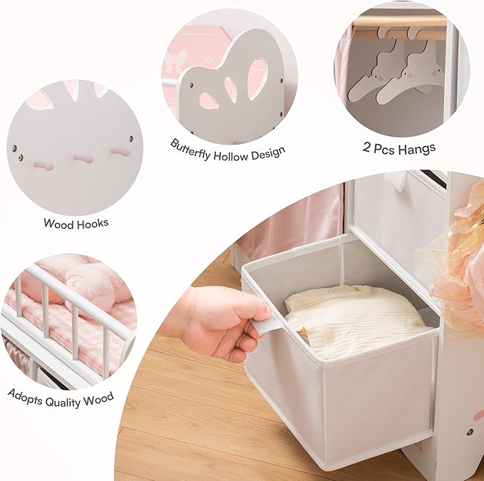 ROBUD Baby Doll Crib, Wooden Doll Bed with Storage and Bedding, of Toy Baby Crib to Kids, Pink Baby Doll Beds Suit for Dolls Under 22 Inches