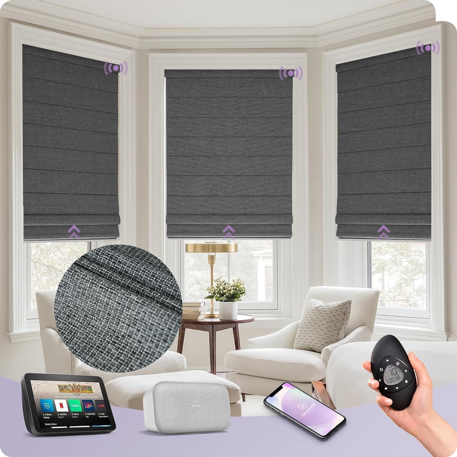 Graywind Customized Smart Roman Blinds Blackout, Rechargeable Motorized Window Blinds Compatible with Alexa Google, Remote Control Electric Roman Shades Plain Fold, Black